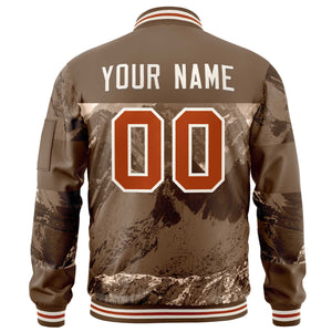 Custom Light Brown Cream Varsity Full-Zip Snow Mountain Letterman Bomber Jacket