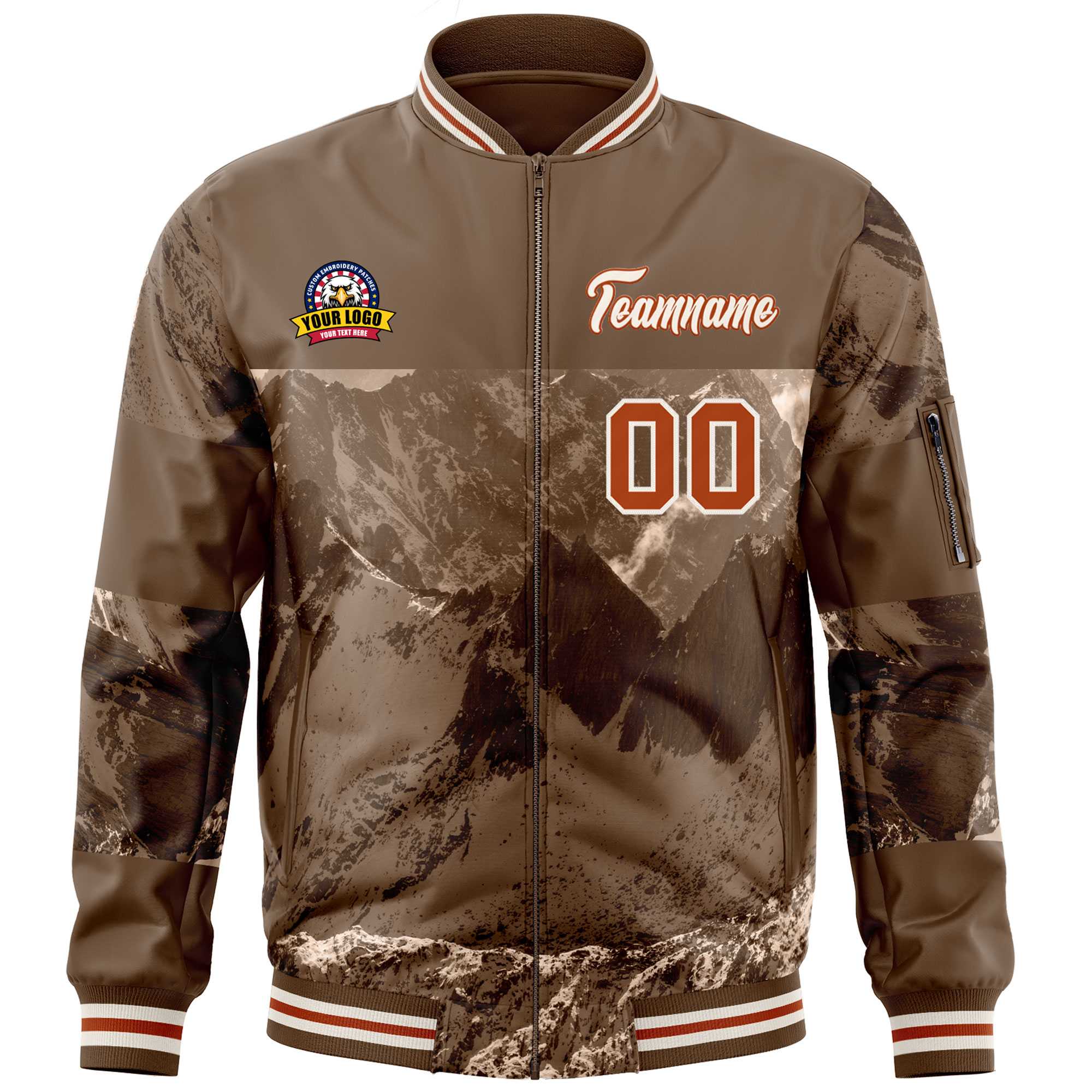 Custom Light Brown Cream Varsity Full-Zip Snow Mountain Letterman Bomber Jacket