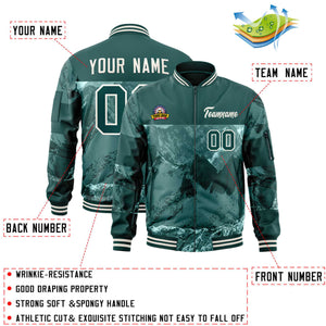 Custom Midnight Green Cream Varsity Full-Zip Snow Mountain Letterman Bomber Jacket