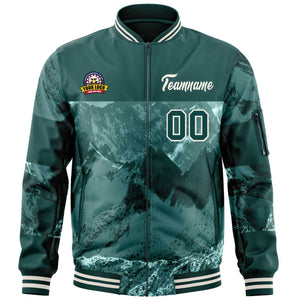 Custom Midnight Green Cream Varsity Full-Zip Snow Mountain Letterman Bomber Jacket