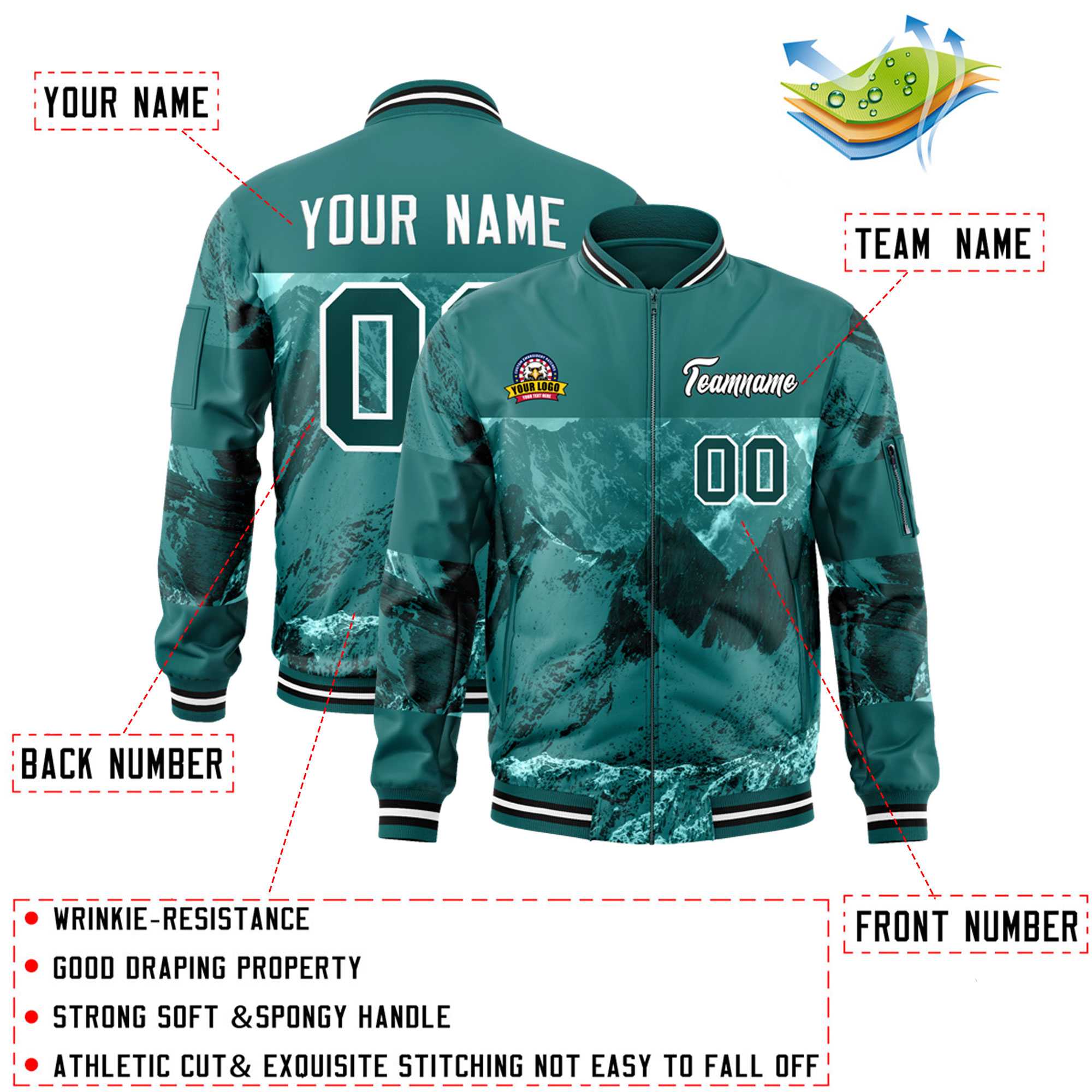 Custom Aqua White Varsity Full-Zip Snow Mountain Letterman Bomber Jacket