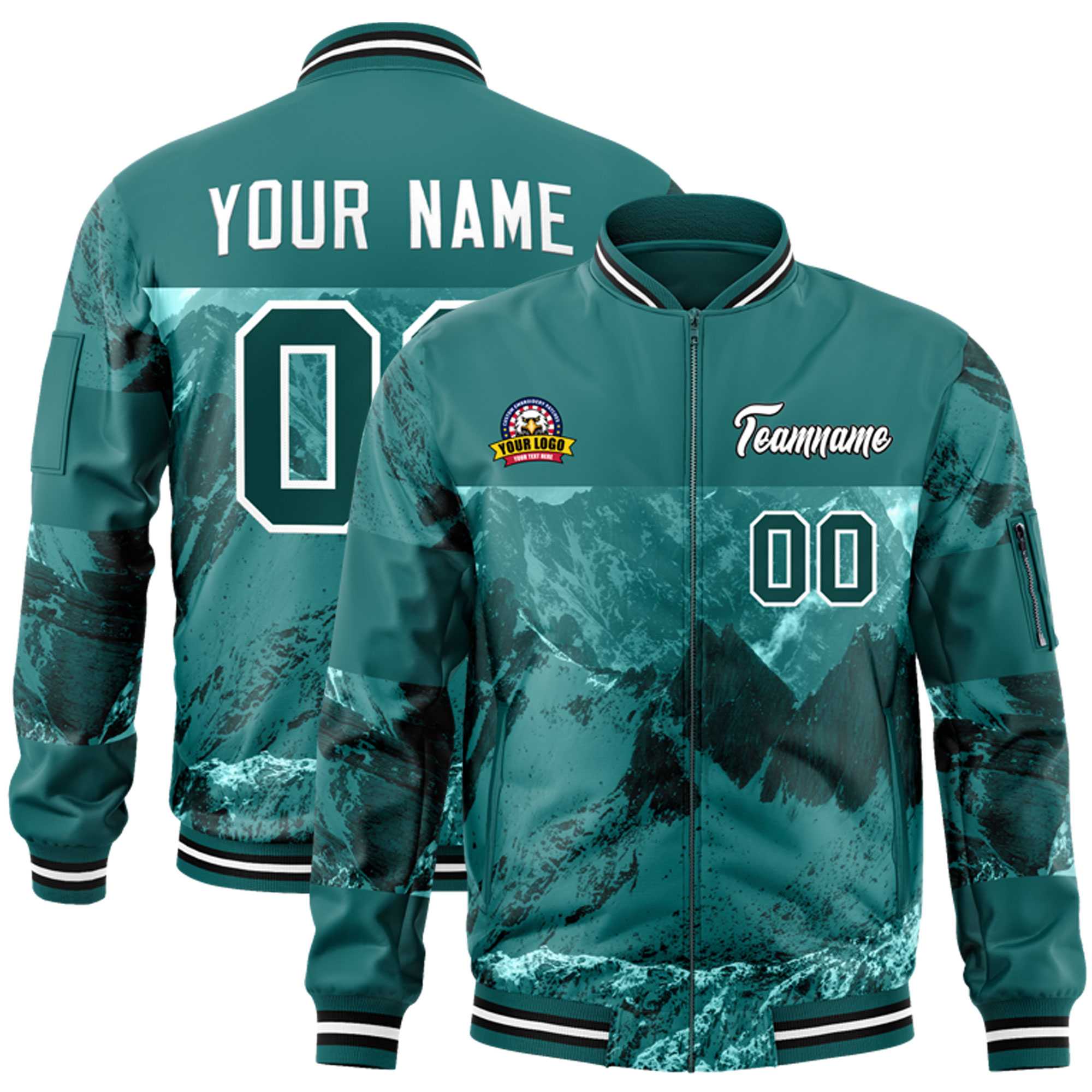 Custom Aqua White Varsity Full-Zip Snow Mountain Letterman Bomber Jacket