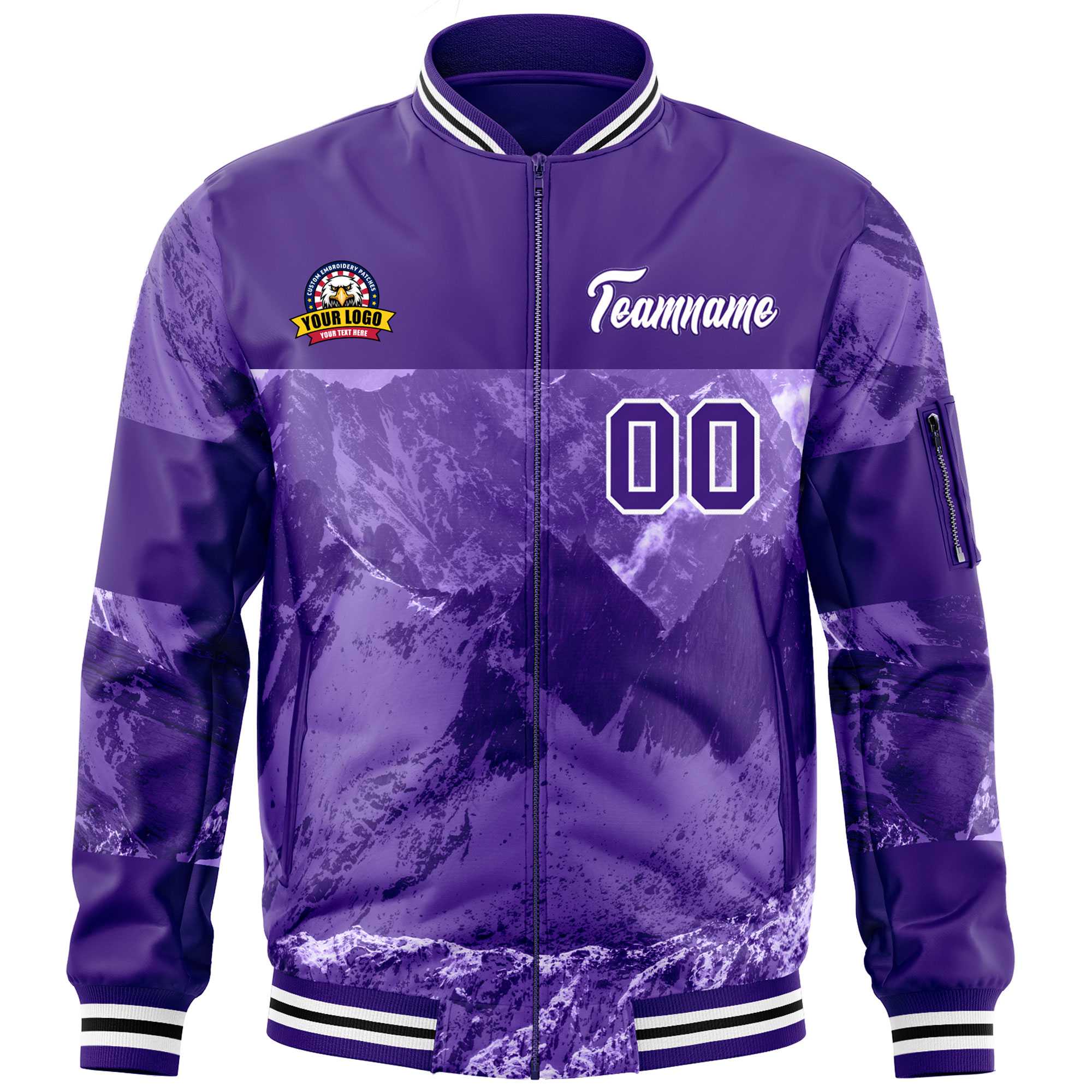 Custom Purple White Varsity Full-Zip Snow Mountain Letterman Bomber Jacket