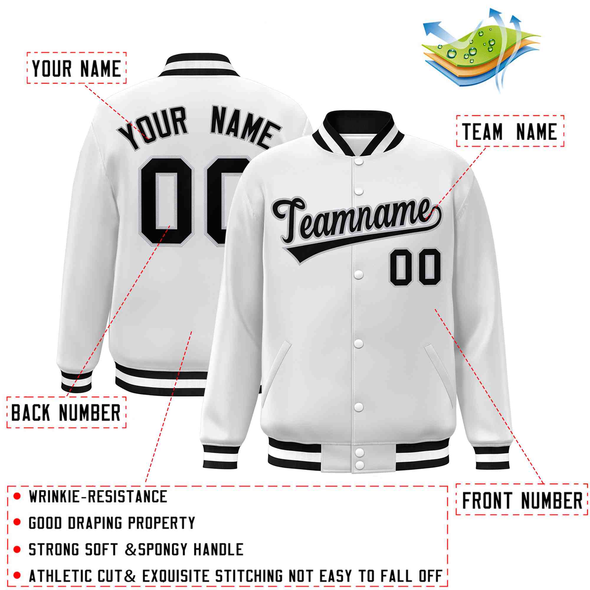 Custom White Black-Gray Classic Style Varsity Full-Snap Letterman Jacket