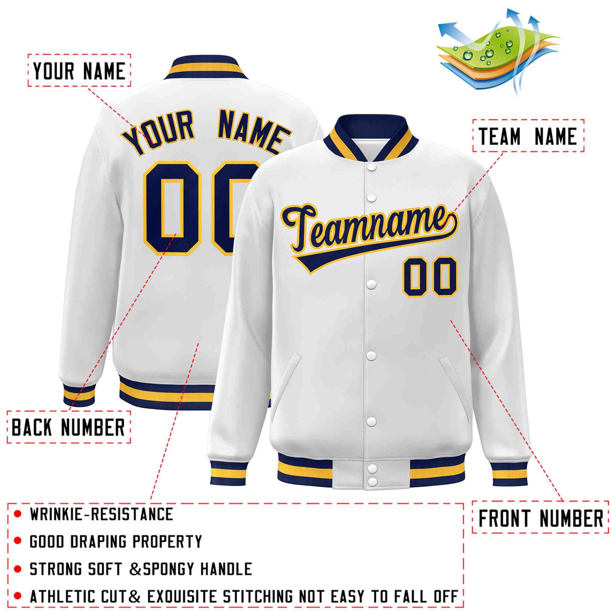 Custom White Navy-Gold Classic Style Varsity Full-Snap Letterman Jacket