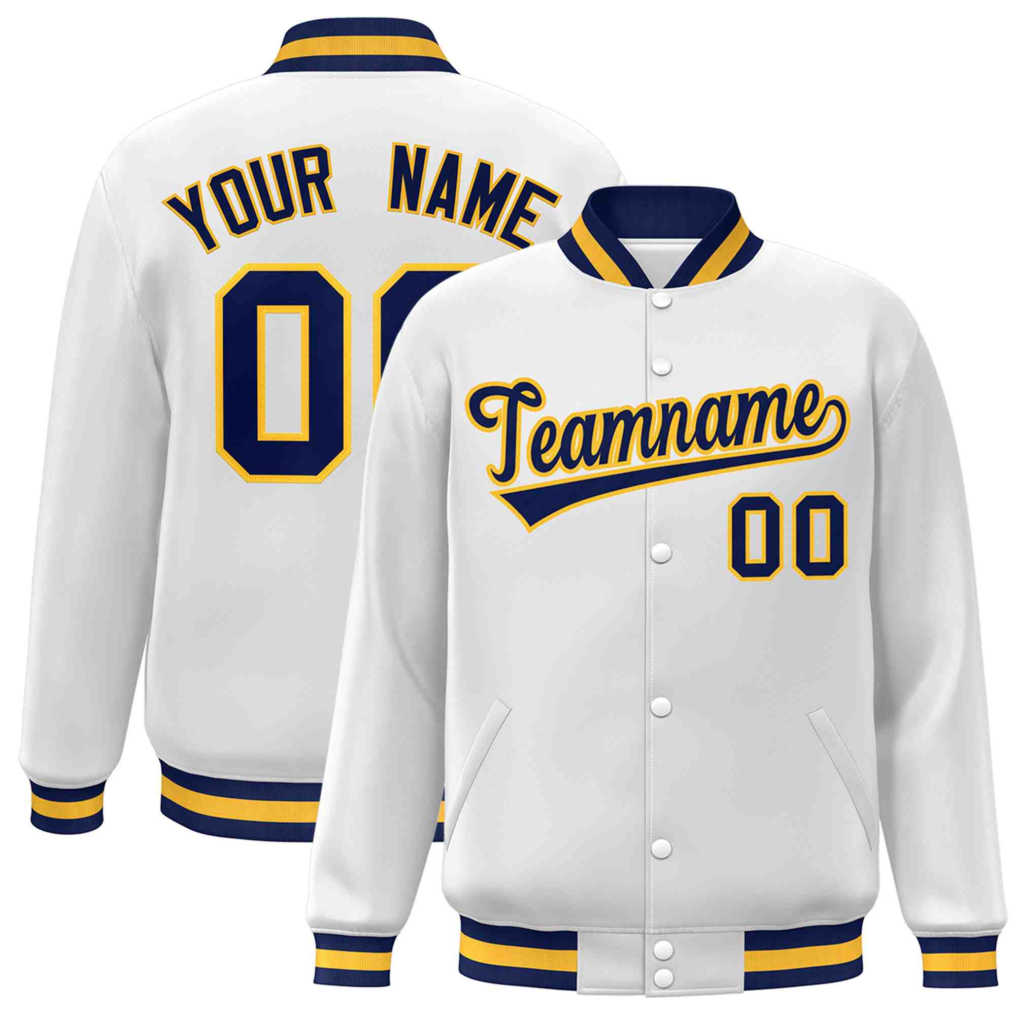 Custom White Navy-Gold Classic Style Varsity Full-Snap Letterman Jacket