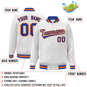 Custom White Royal-Orange Classic Style Varsity Full-Snap Letterman Jacket