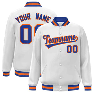 Custom White Royal-Orange Classic Style Varsity Full-Snap Letterman Jacket