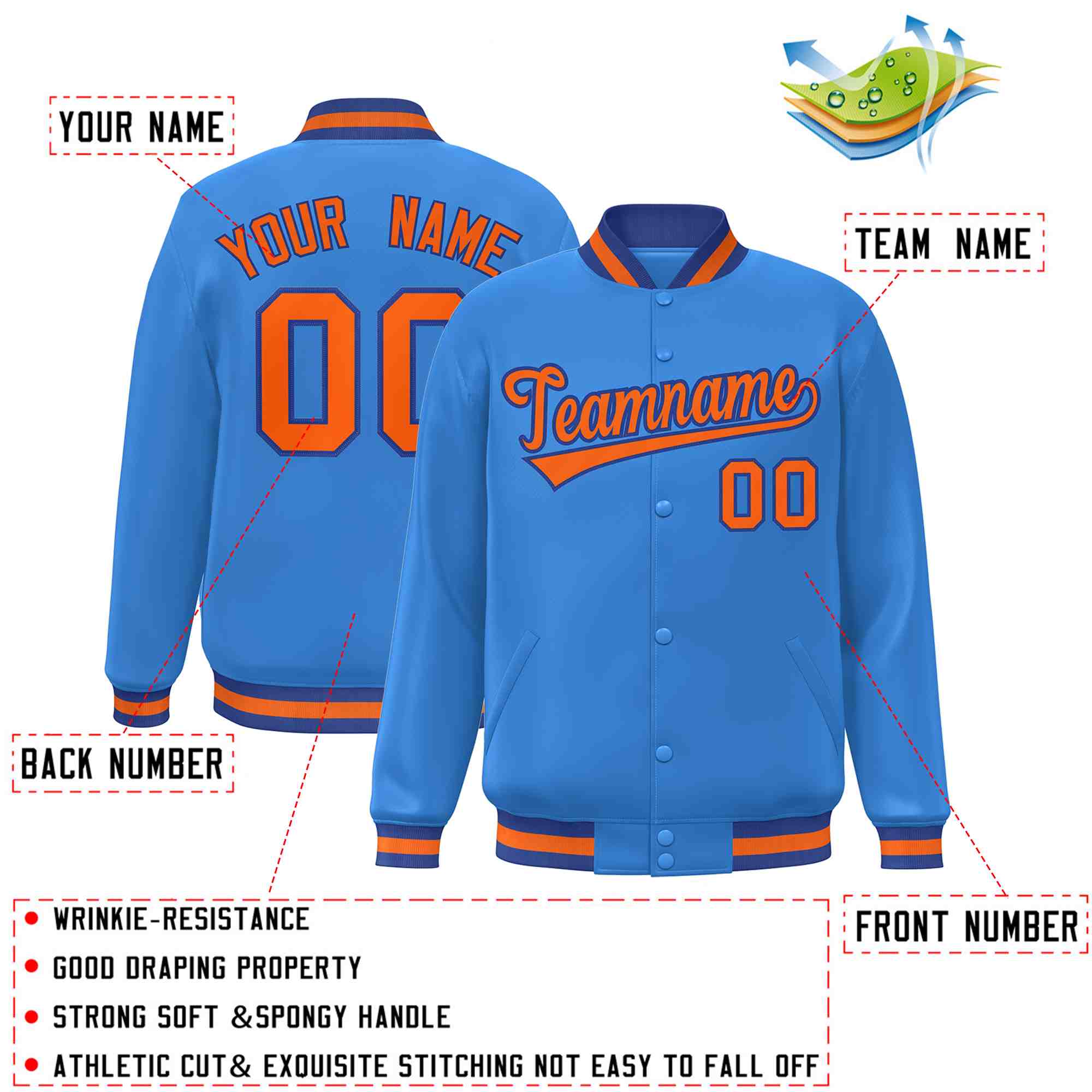 Custom Powder Blue Orange-Royal Classic Style Varsity Full-Snap Letterman Jacket