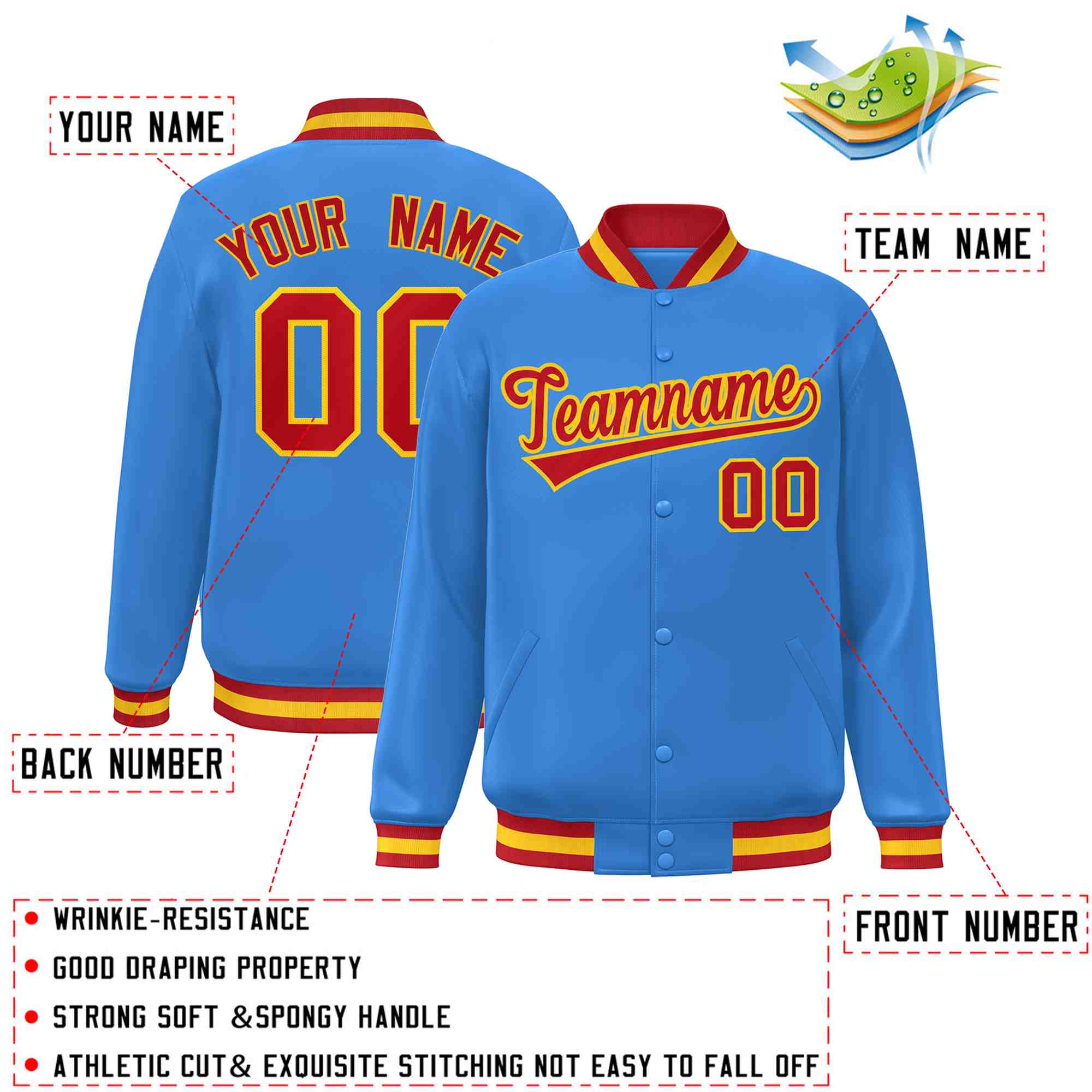 Custom Powder Blue Red-Gold Classic Style Varsity Full-Snap Letterman Jacket