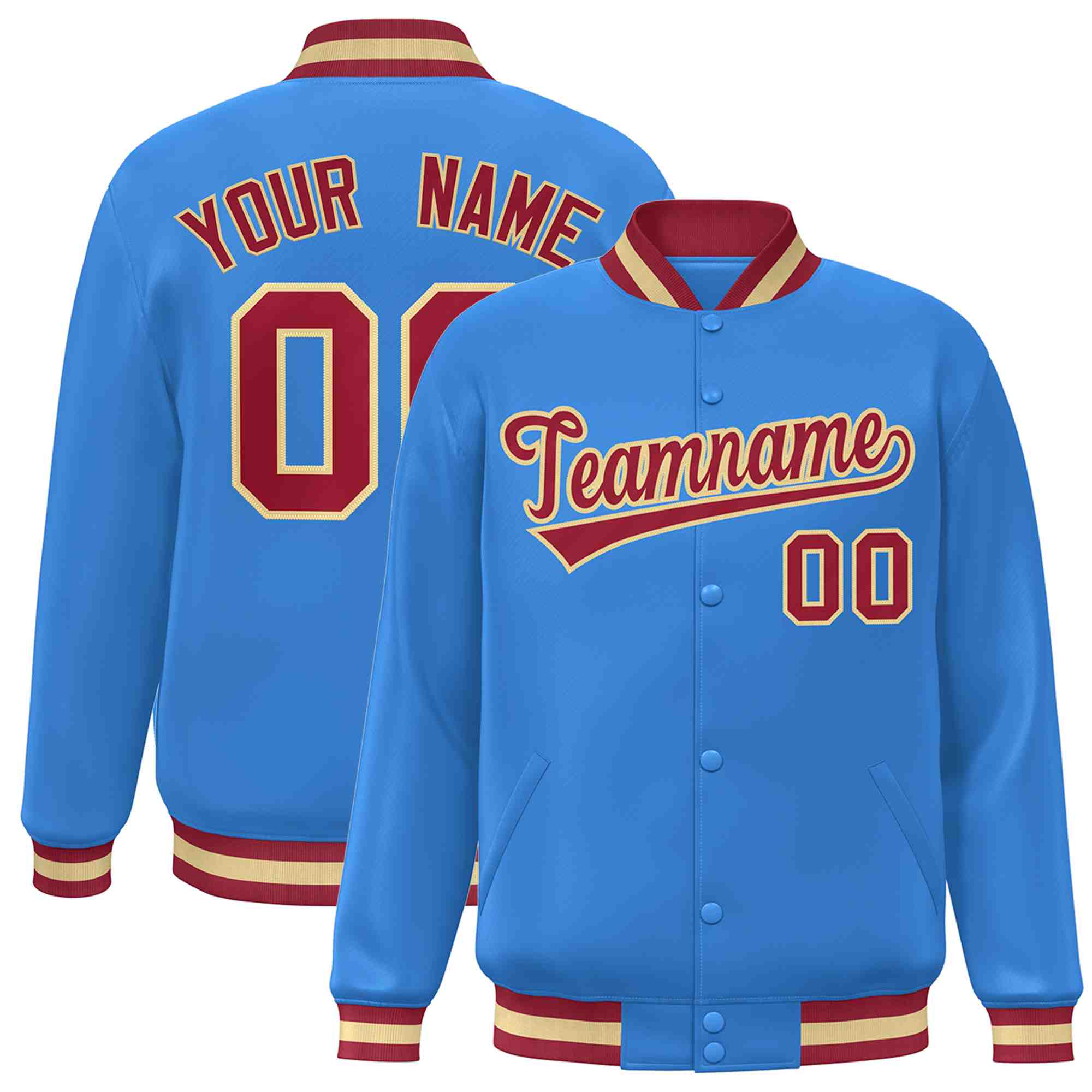 Custom Powder Blue Crimson-Khaki Classic Style Varsity Full-Snap Letterman Jacket