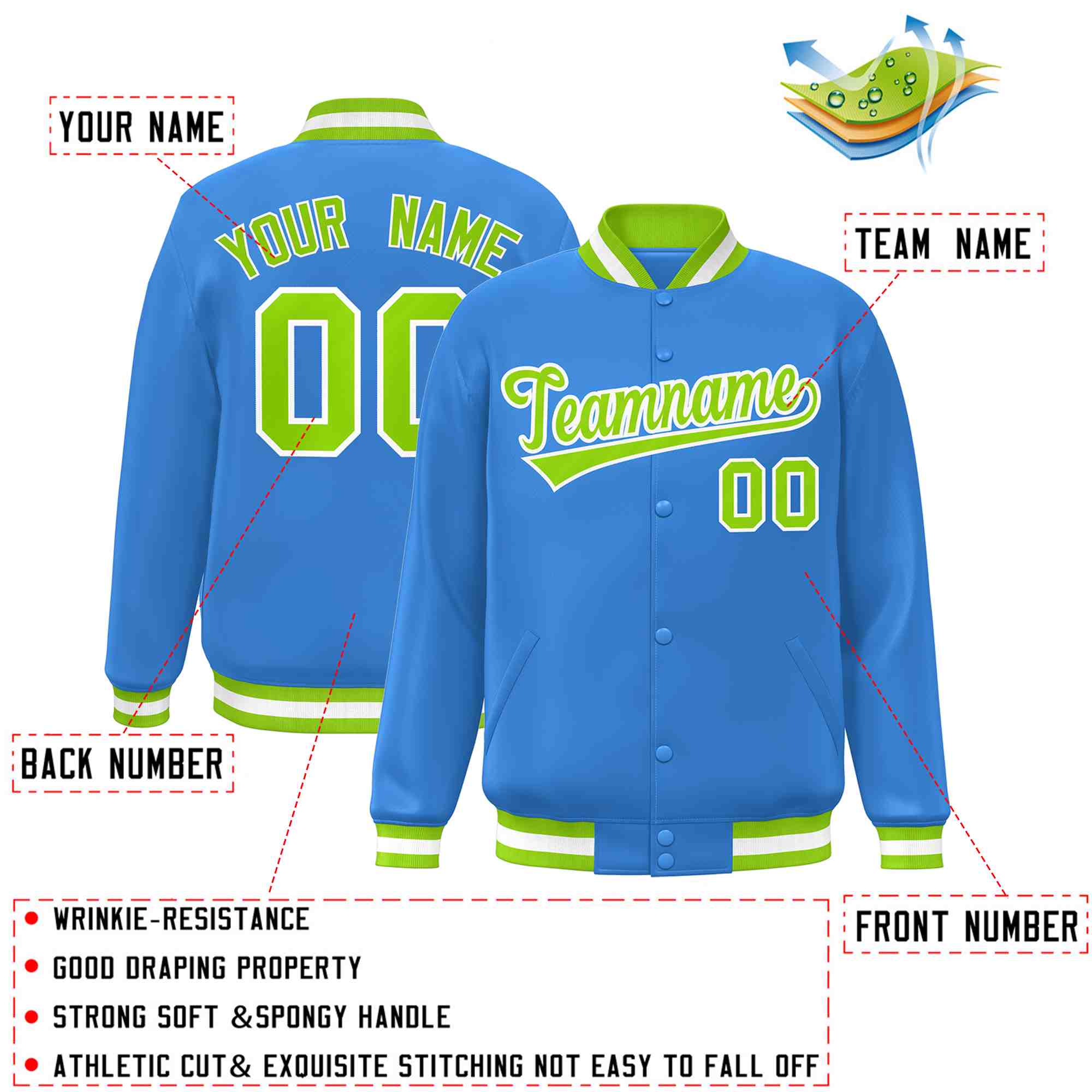 Custom Powder Blue Neon Green-White Classic Style Varsity Full-Snap Letterman Jacket