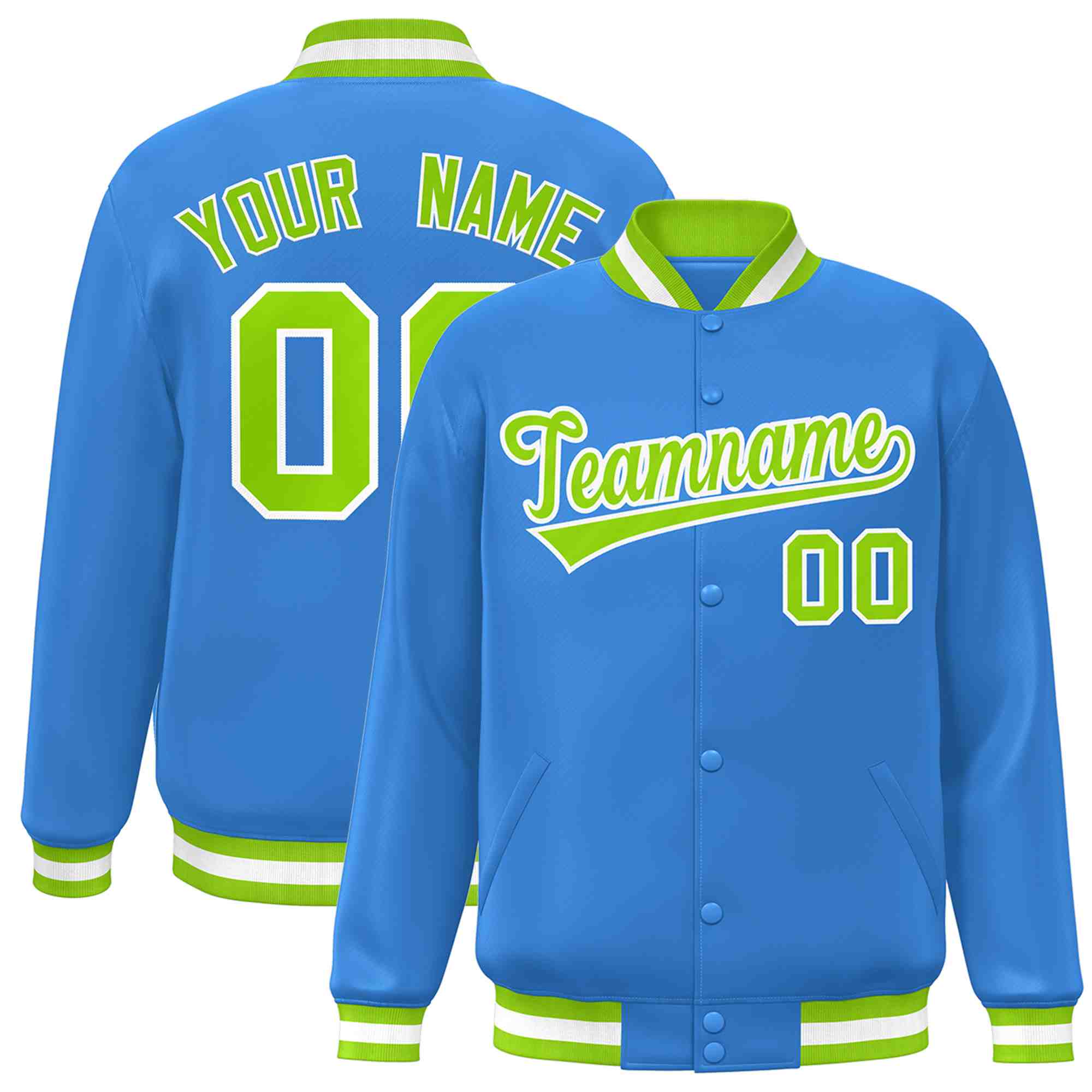 Custom Powder Blue Neon Green-White Classic Style Varsity Full-Snap Letterman Jacket