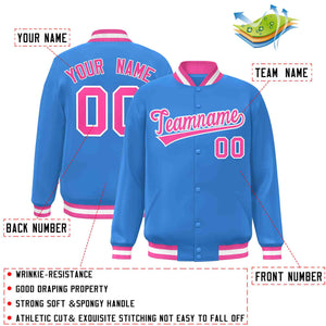 Custom Powder Blue Pink-White Classic Style Varsity Full-Snap Letterman Jacket