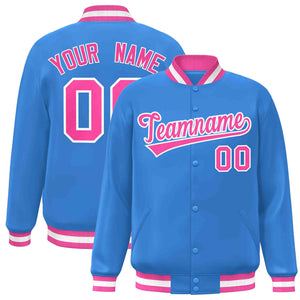 Custom Powder Blue Pink-White Classic Style Varsity Full-Snap Letterman Jacket