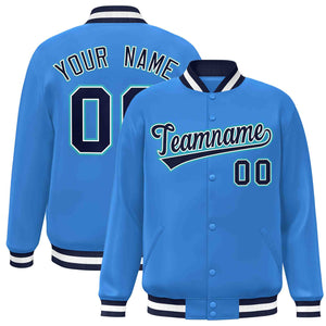 Custom Powder Blue Navy-White Classic Style Varsity Full-Snap Letterman Jacket