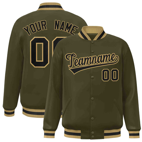 Custom Olive Black-Old Gold Classic Style Varsity Full-Snap Letterman Jacket