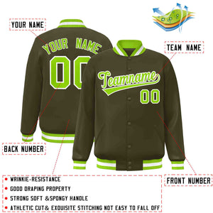 Custom Olive Neon Green-White Classic Style Varsity Full-Snap Letterman Jacket