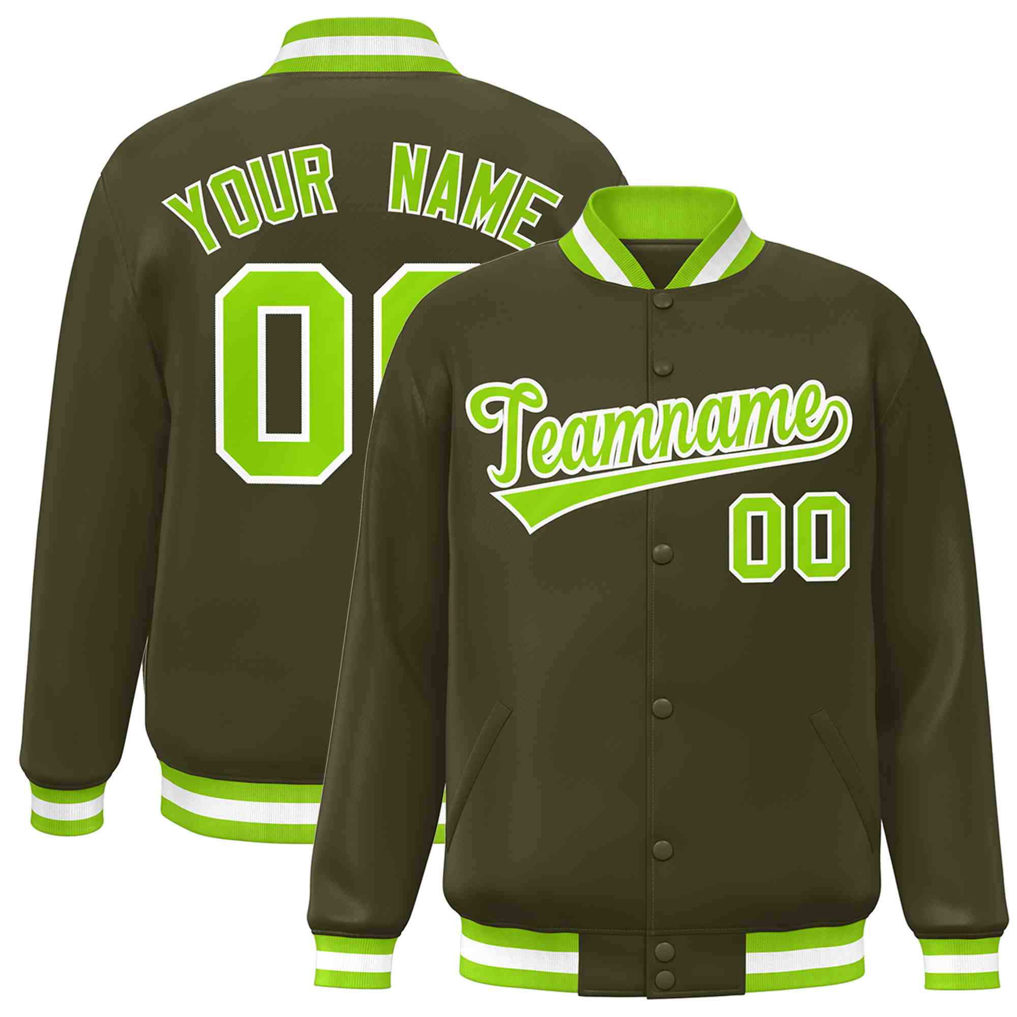 Custom Olive Neon Green-White Classic Style Varsity Full-Snap Letterman Jacket