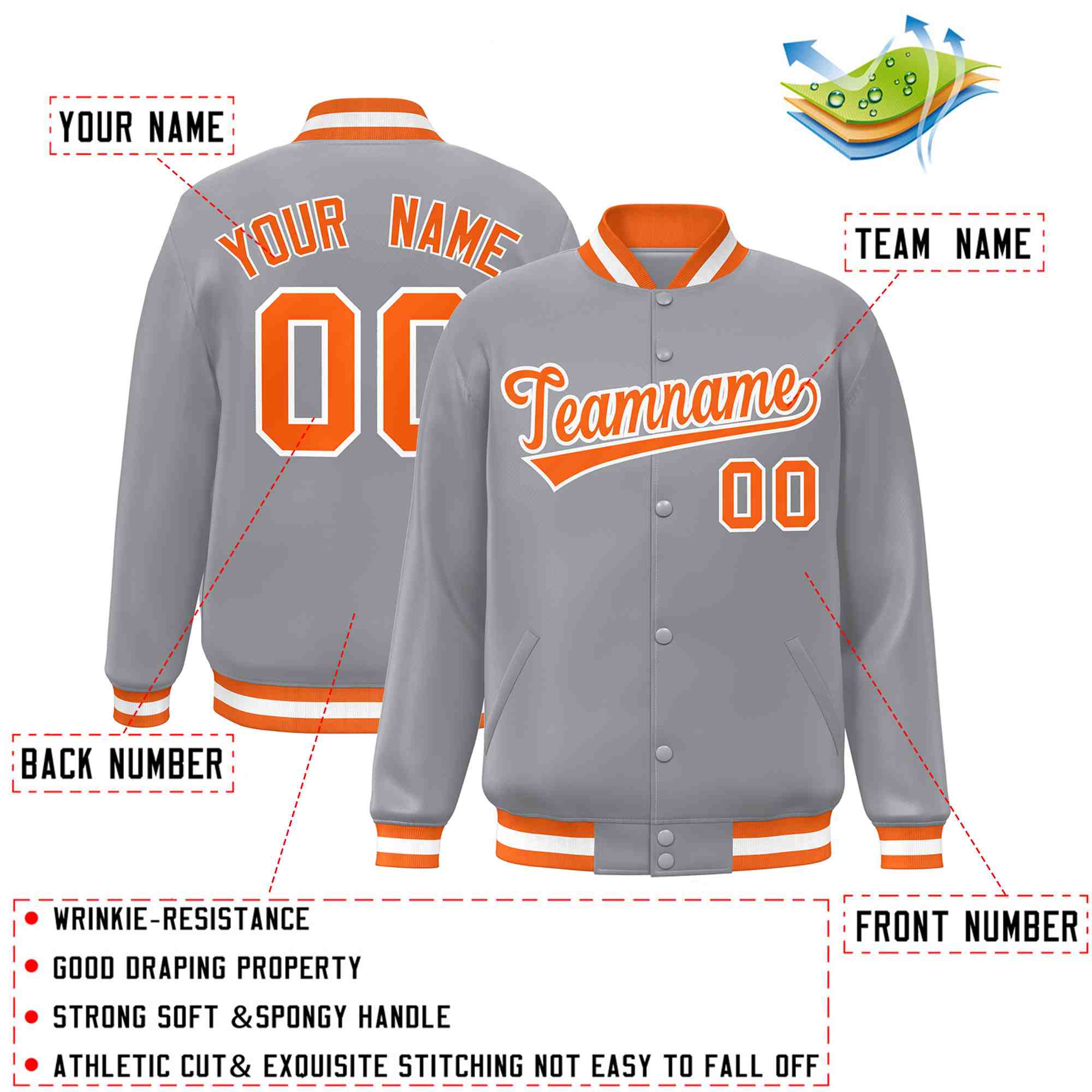 Custom Gray Orange-White Classic Style Varsity Full-Snap Letterman Jacket