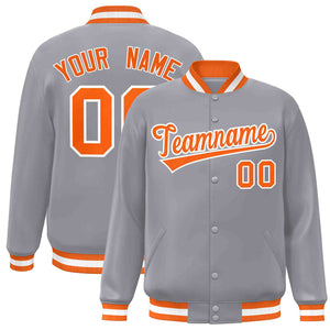 Veste Letterman personnalisée gris orange-blanc de style classique à bouton-pression