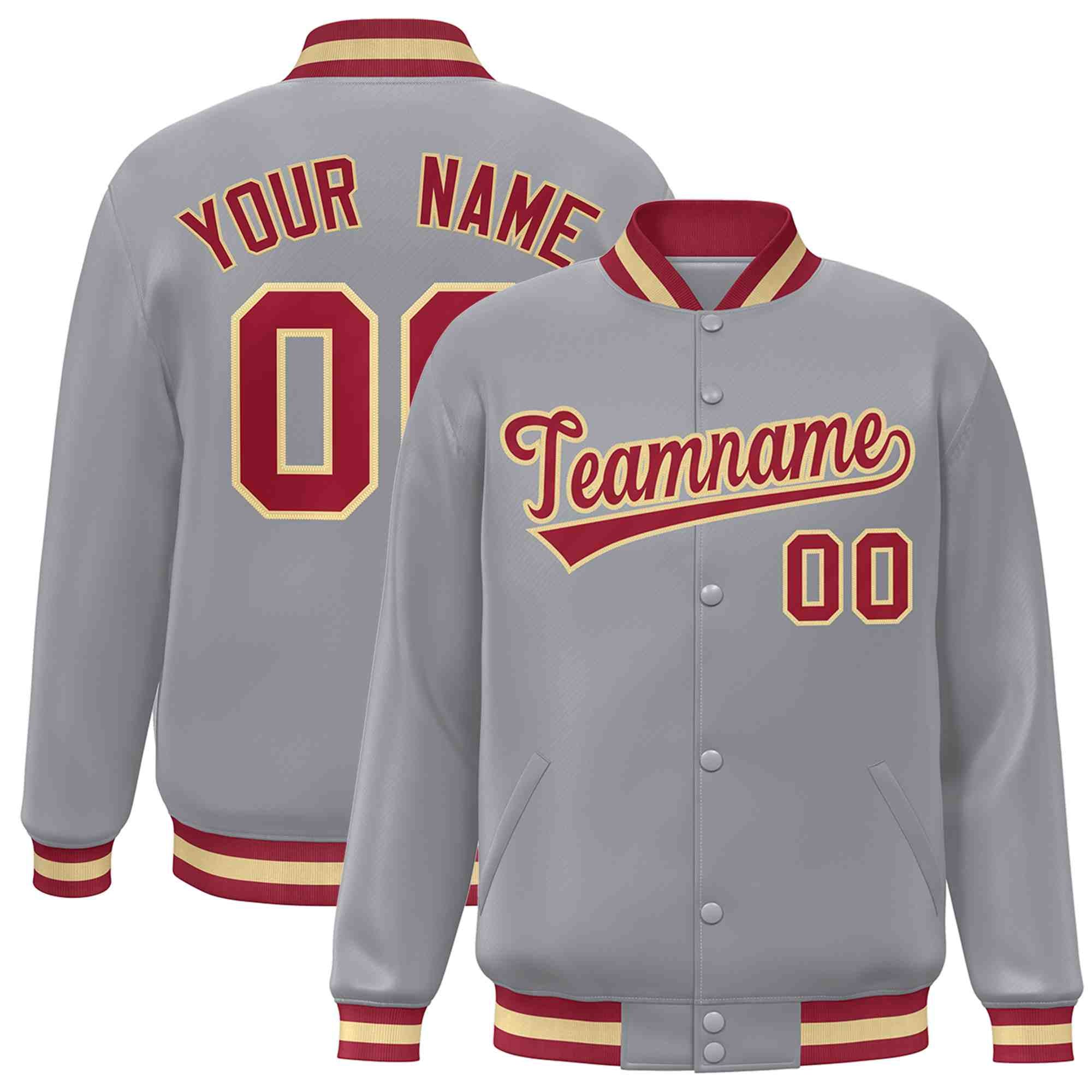 Custom Gray Crimson-Khaki Classic Style Varsity Full-Snap Letterman Jacket