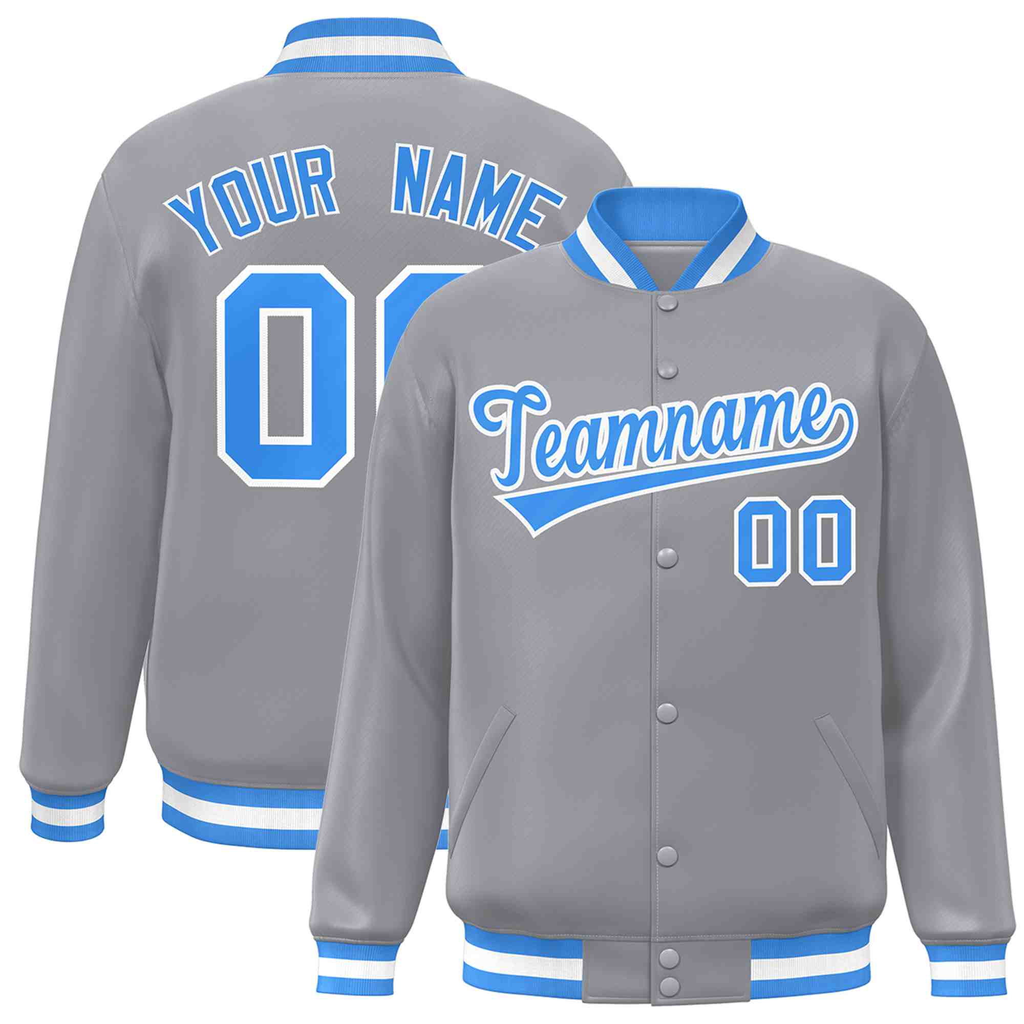 Custom Gray Powder Blue-White Classic Style Varsity Full-Snap Letterman Jacket