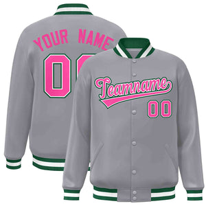 Custom Gray Pink-White Classic Style Varsity Full-Snap Letterman Jacket