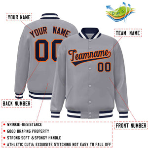 Custom Gray Navy-Orange Classic Style Varsity Full-Snap Letterman Jacket