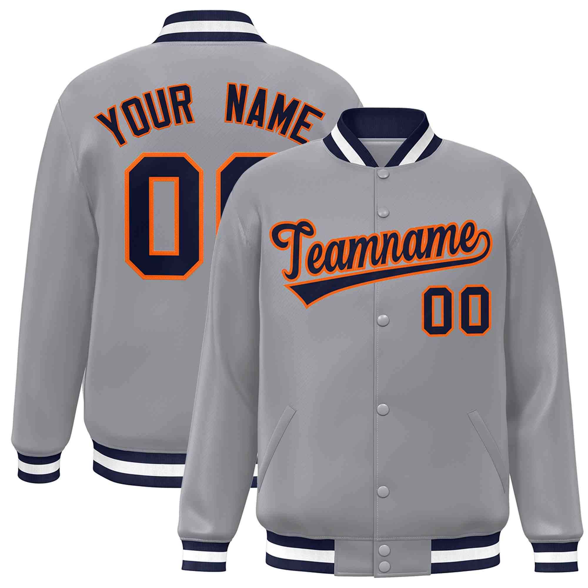 Custom Gray Navy-Orange Classic Style Varsity Full-Snap Letterman Jacket