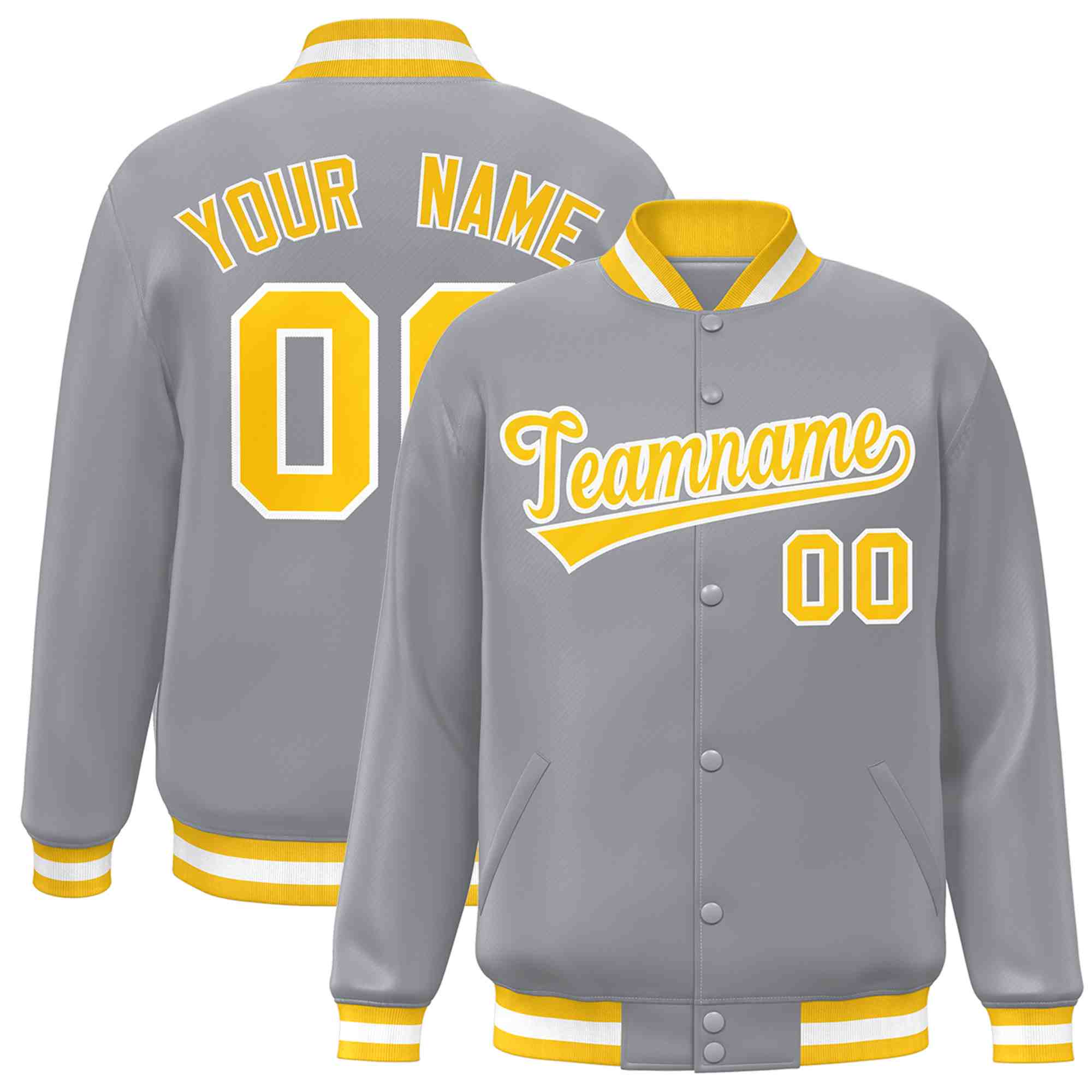 Custom Gray Gold-White Classic Style Varsity Full-Snap Letterman Jacket