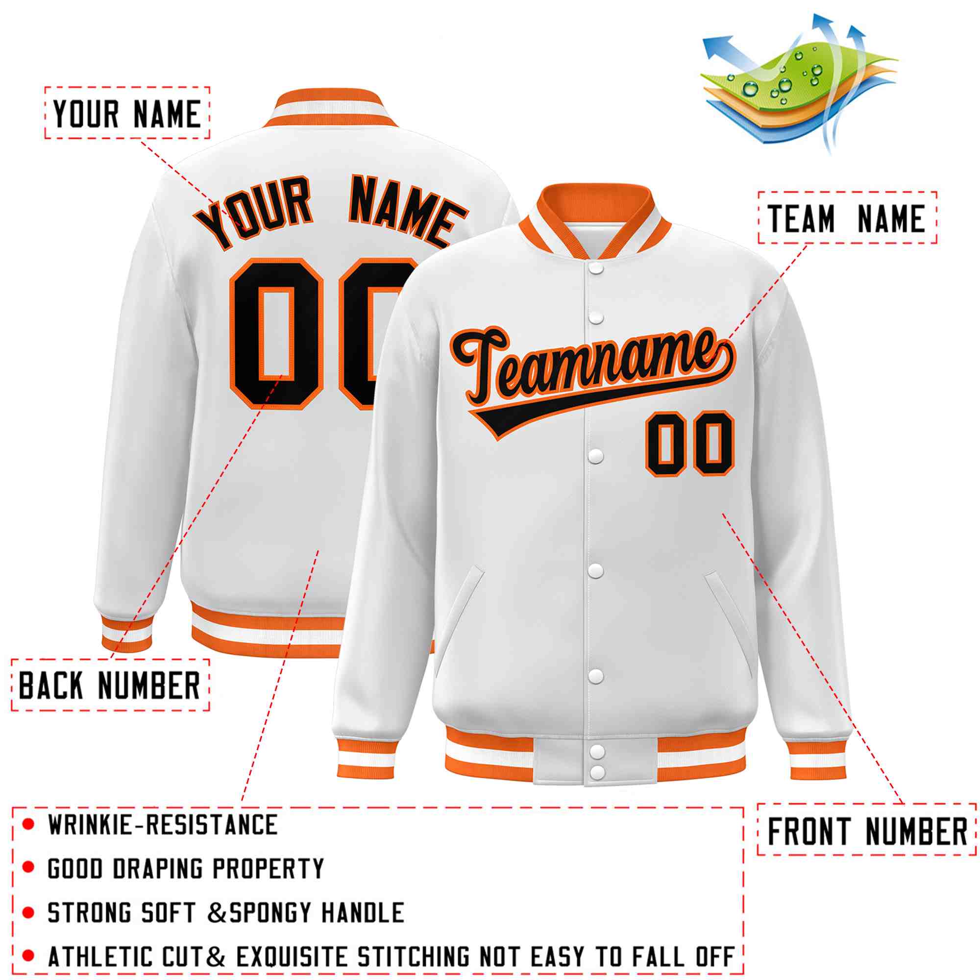 Custom White Black-Orange Classic Style Varsity Full-Snap Letterman Jacket