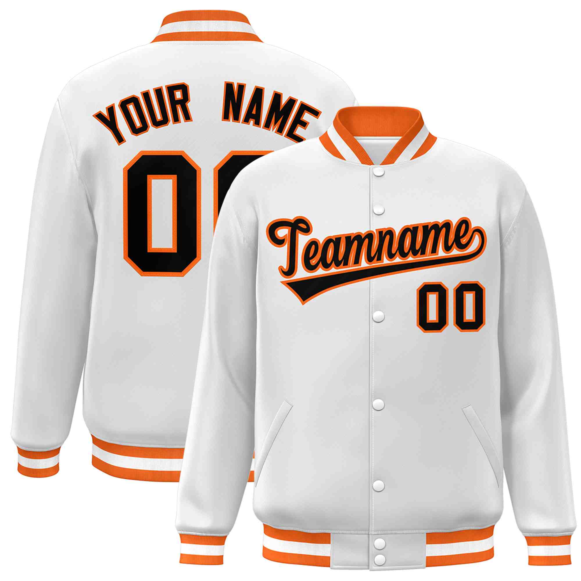 Custom White Black-Orange Classic Style Varsity Full-Snap Letterman Jacket