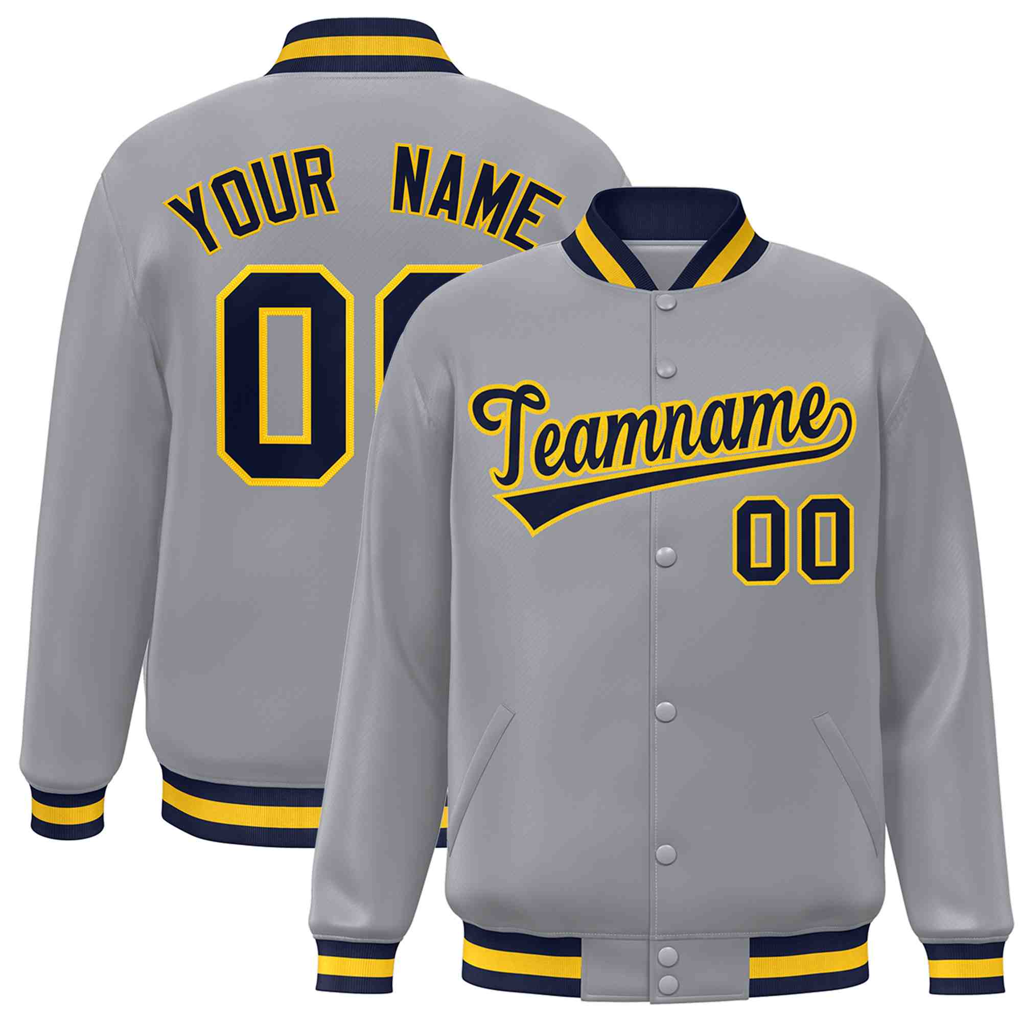 Custom Gray Navy-Gold Classic Style Varsity Full-Snap Letterman Jacket