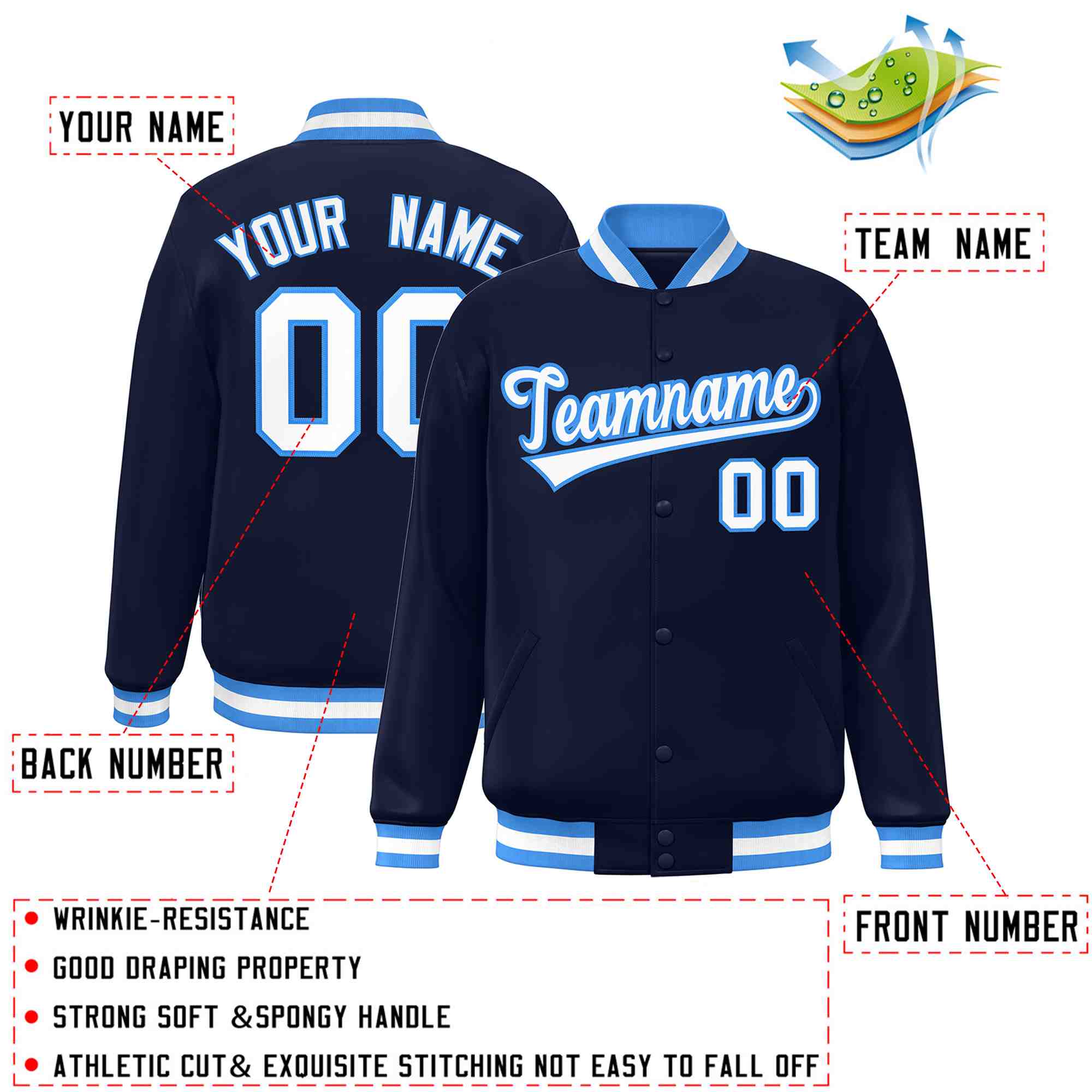 Custom Navy White-Powder Blue Classic Style Varsity Full-Snap Letterman Jacket