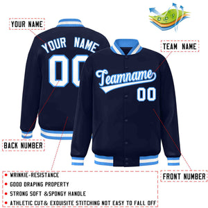 Custom Navy White-Powder Blue Classic Style Varsity Full-Snap Letterman Jacket