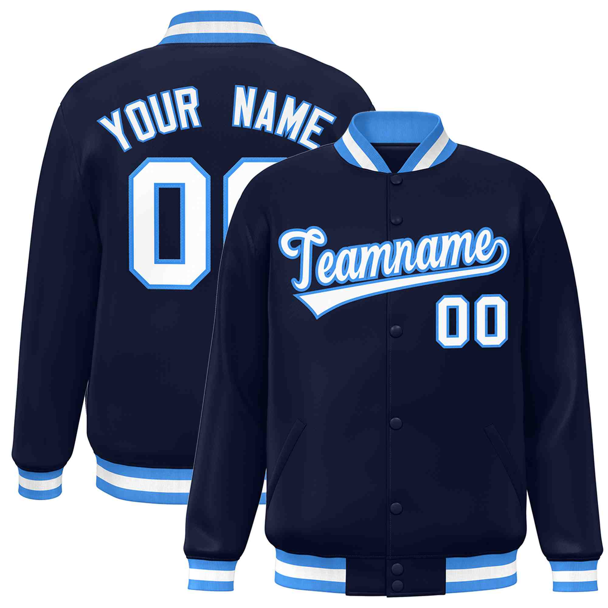 Custom Navy White-Powder Blue Classic Style Varsity Full-Snap Letterman Jacket