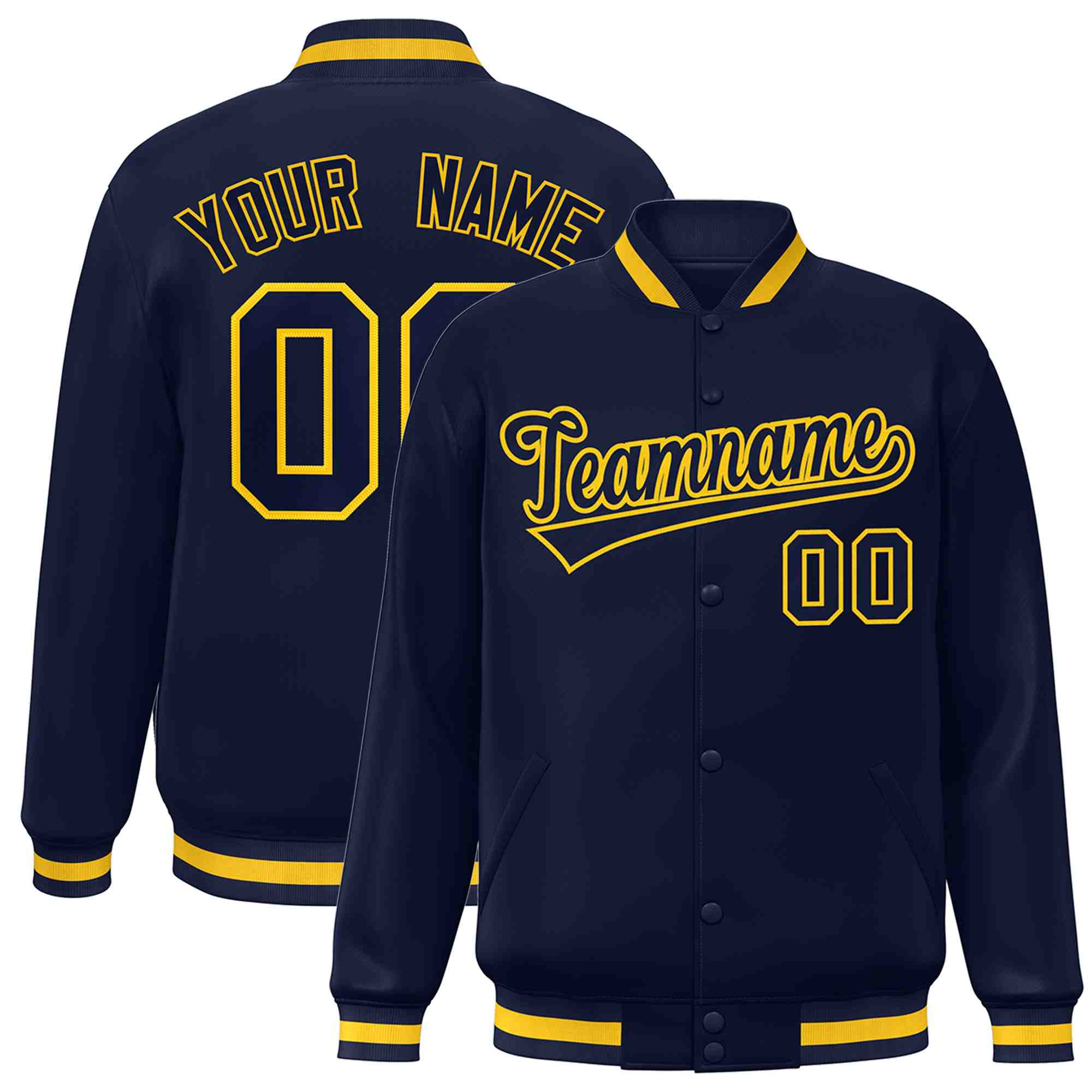 Custom Navy Navy-Gold Classic Style Varsity Full-Snap Letterman Jacket