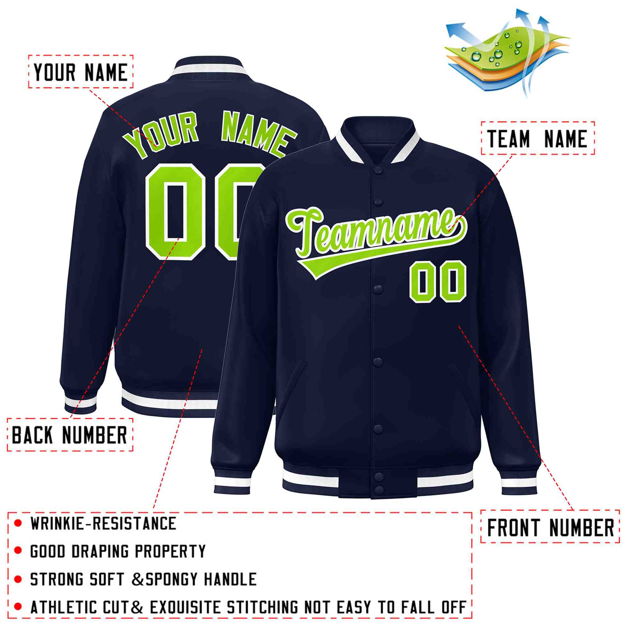 Custom Navy Neon Green-White Classic Style Varsity Full-Snap Letterman Jacket