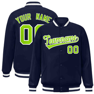 Custom Navy Neon Green-White Classic Style Varsity Full-Snap Letterman Jacket