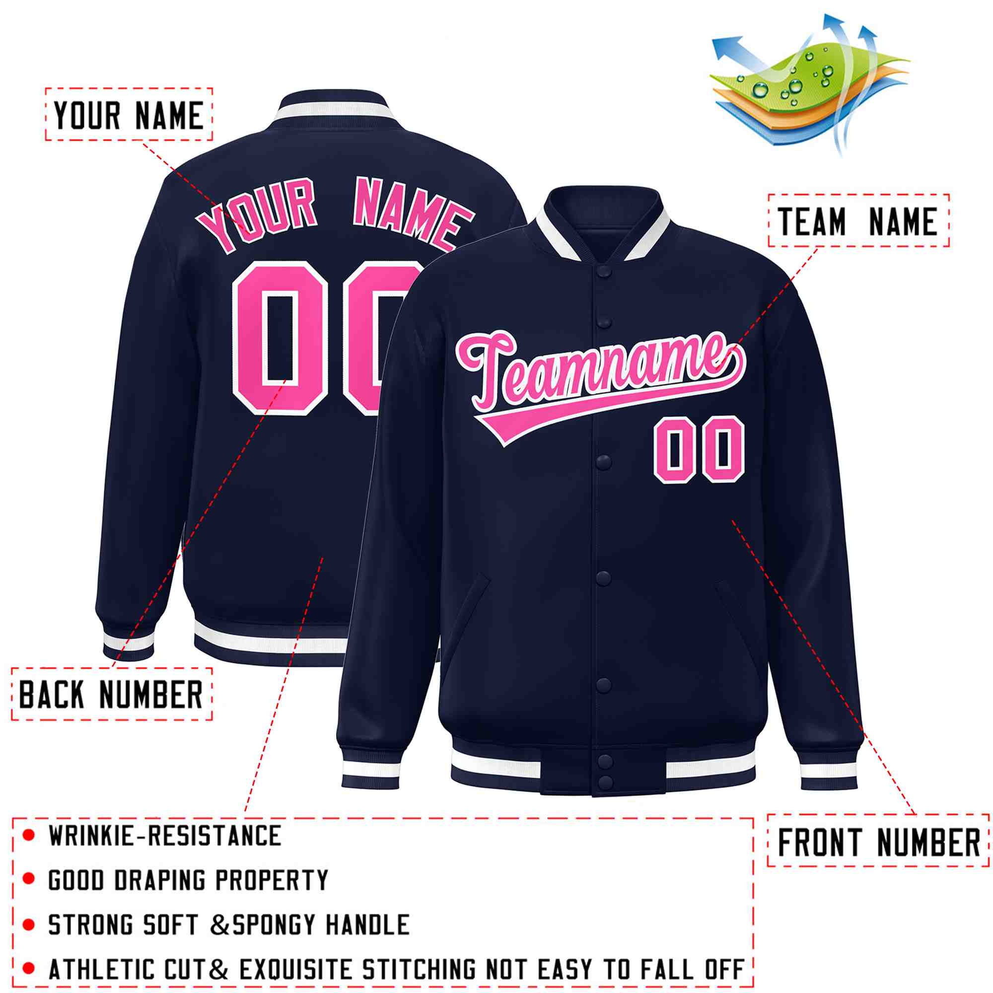 Custom Navy Pink-White Classic Style Varsity Full-Snap Letterman Jacket