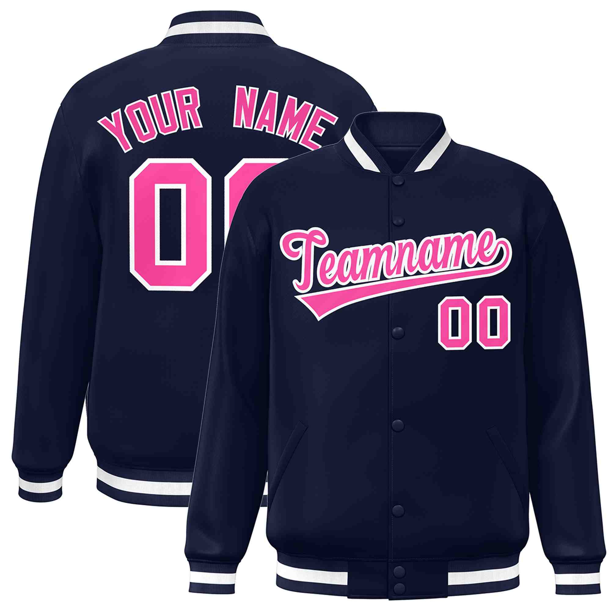 Custom Navy Pink-White Classic Style Varsity Full-Snap Letterman Jacket