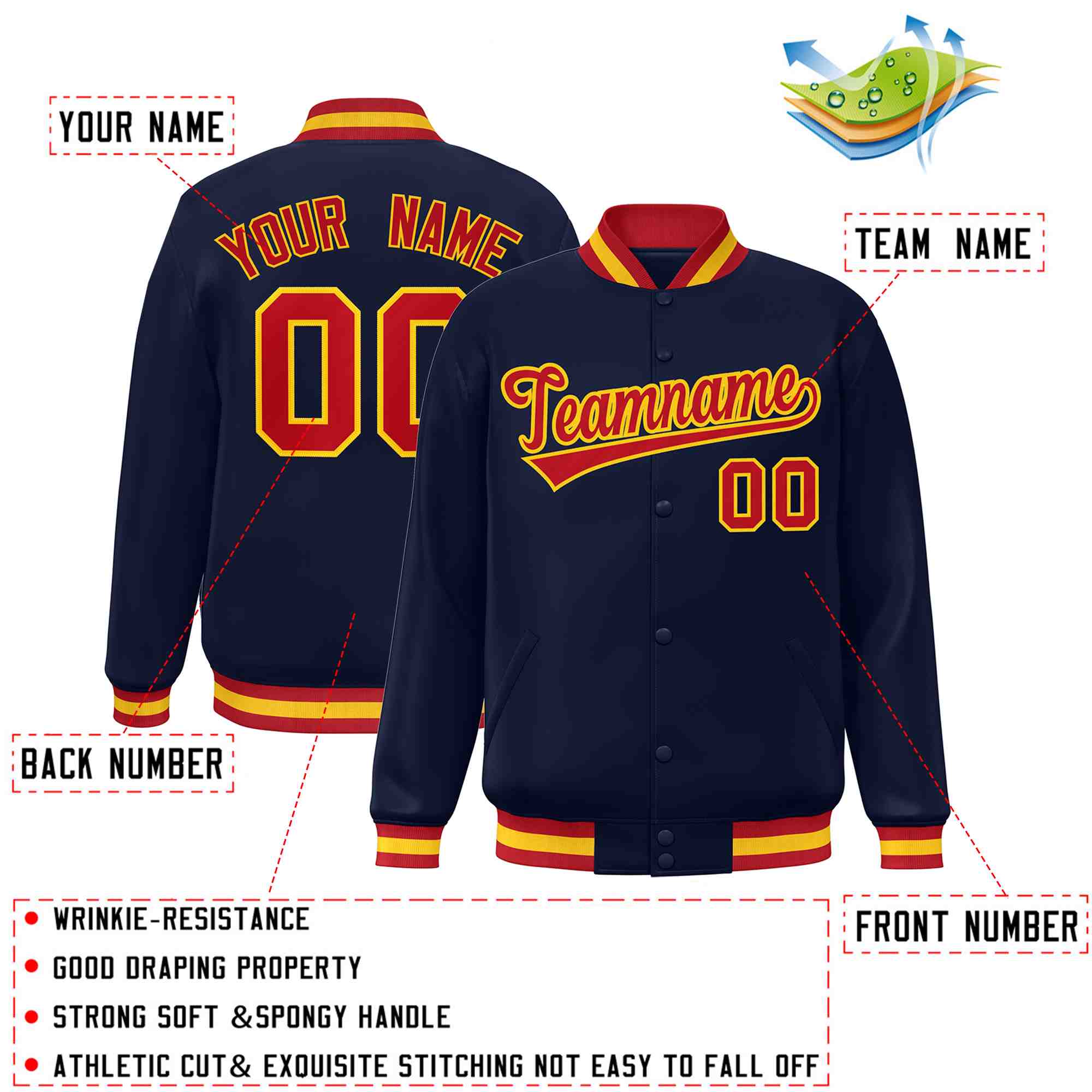 Custom Navy Red-Gold Classic Style Varsity Full-Snap Letterman Jacket