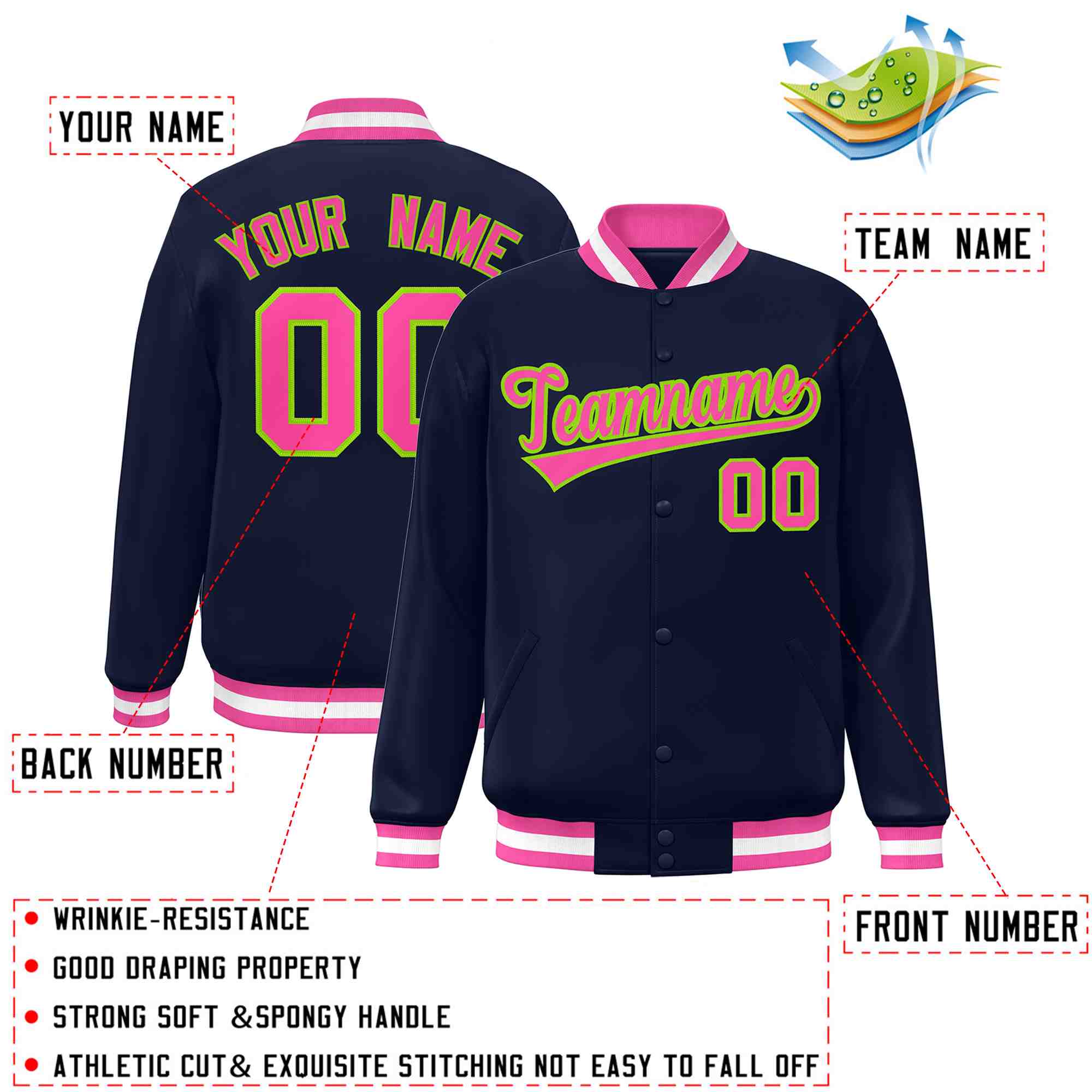 Custom Navy Pink-Neon Green Classic Style Varsity Full-Snap Letterman Jacket