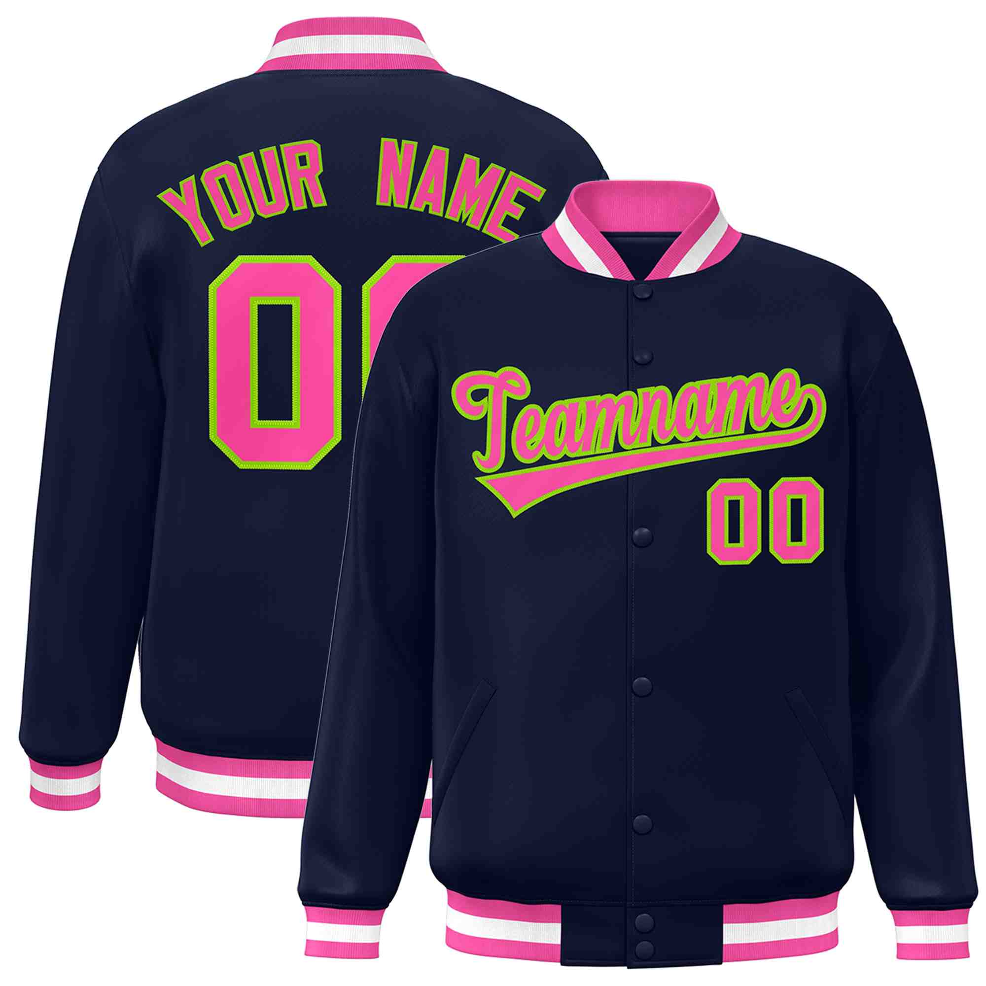 Custom Navy Pink-Neon Green Classic Style Varsity Full-Snap Letterman Jacket