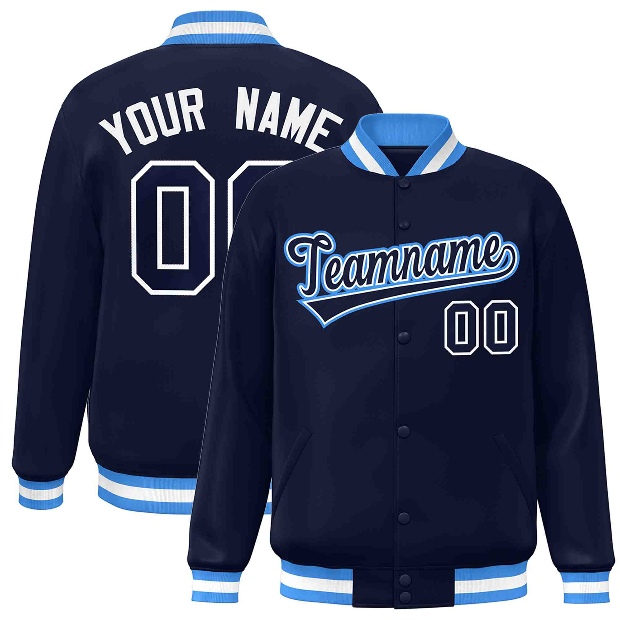 Custom Navy Navy-White Classic Style Varsity Full-Snap Letterman Jacket