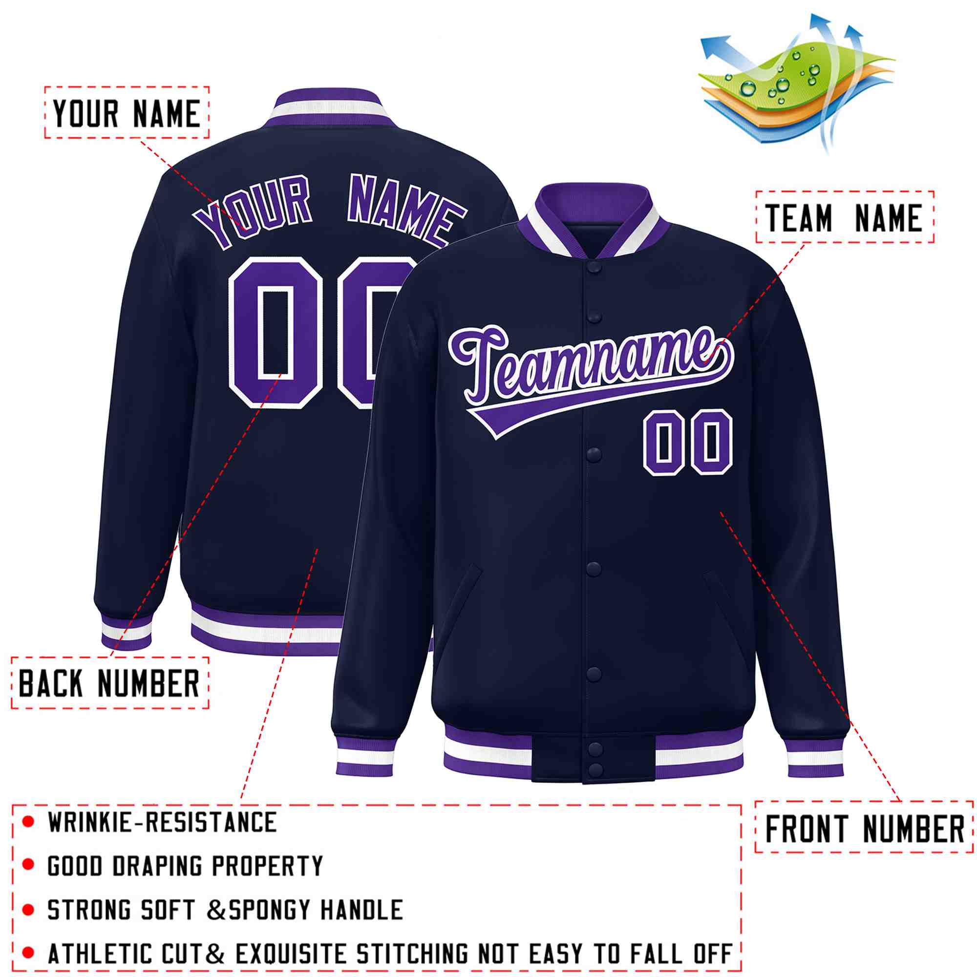 Custom Navy Purple-White Classic Style Varsity Full-Snap Letterman Jacket