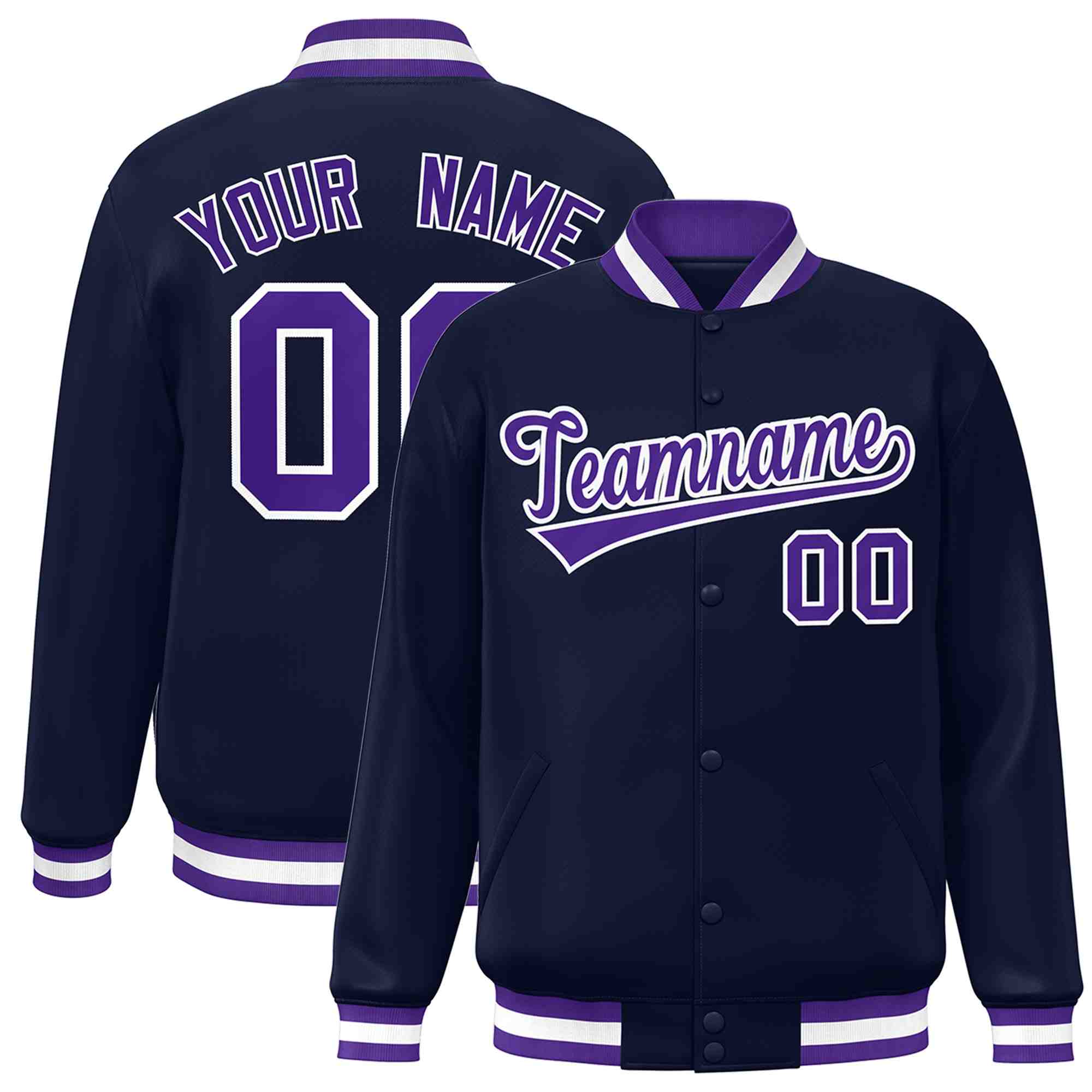 Custom Navy Purple-White Classic Style Varsity Full-Snap Letterman Jacket