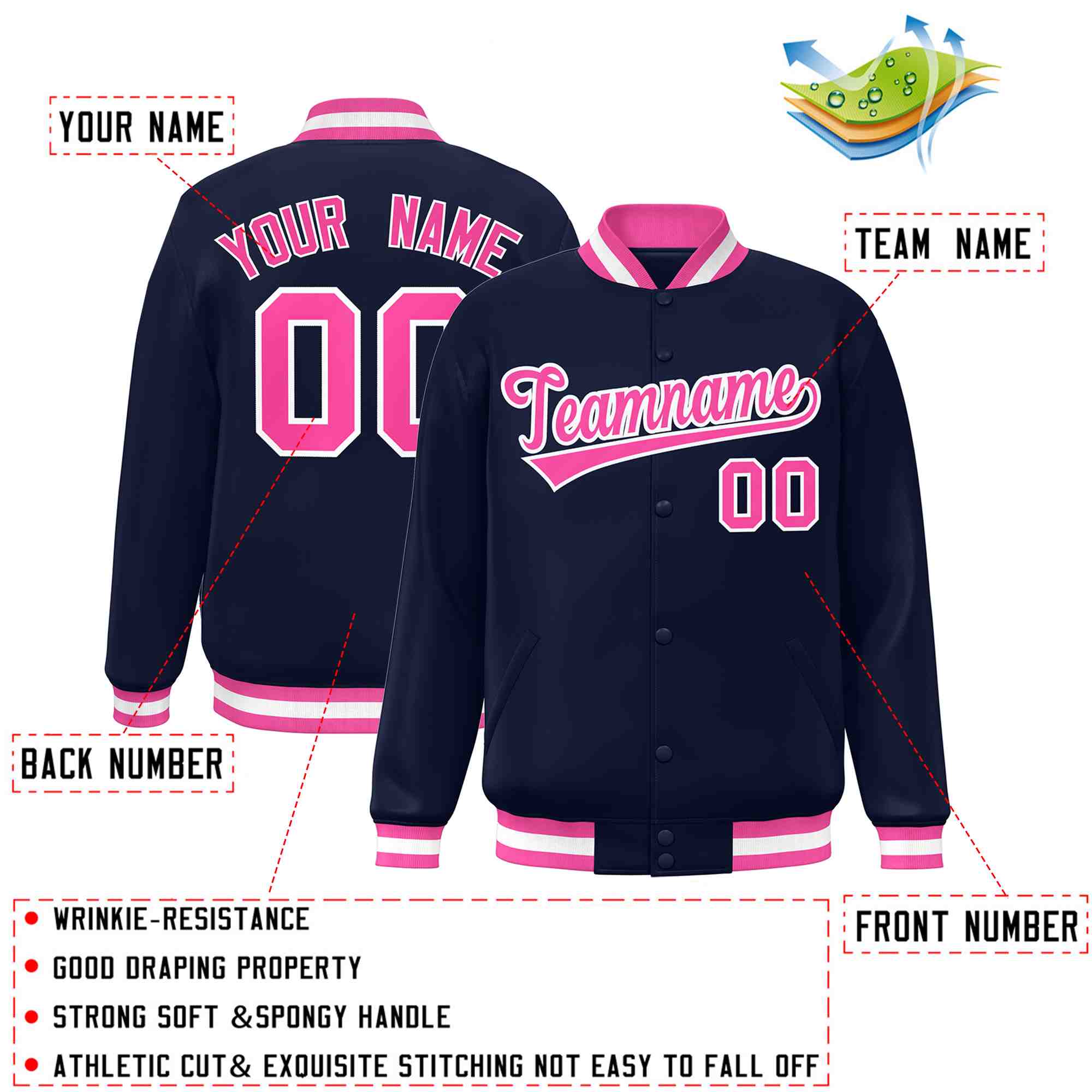 Custom Navy Pink-White Classic Style Varsity Full-Snap Letterman Jacket