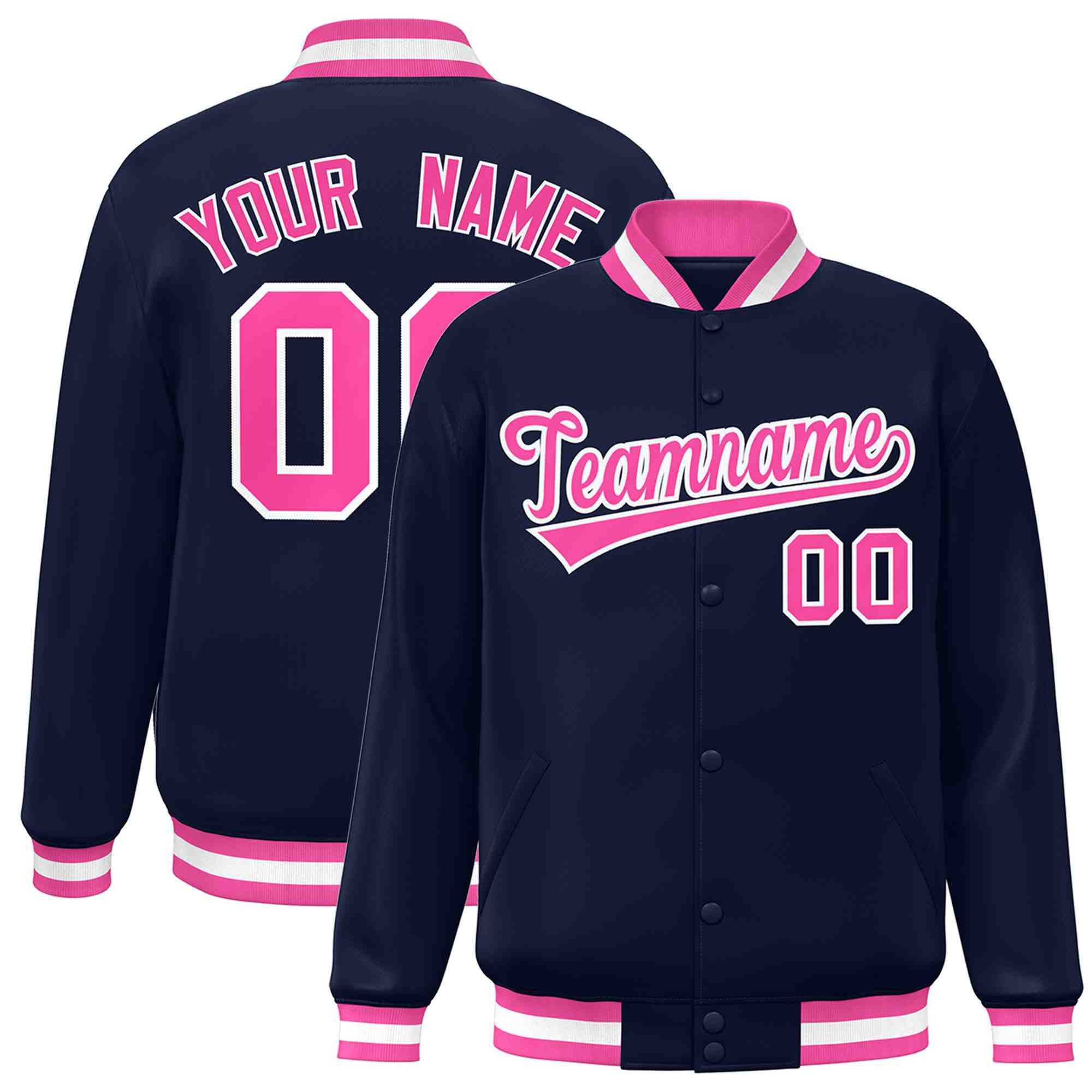 Custom Navy Pink-White Classic Style Varsity Full-Snap Letterman Jacket